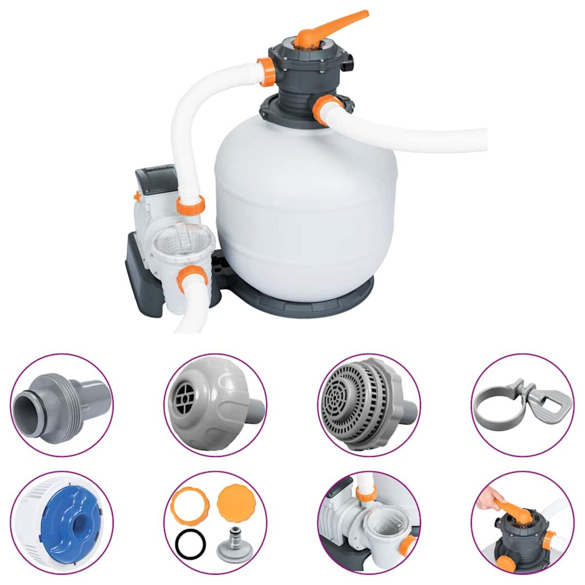 Poolfiltersystem mit Zubehör. Weiße und graue Komponenten mit Schläuchen und zusätzlichen Teilen.