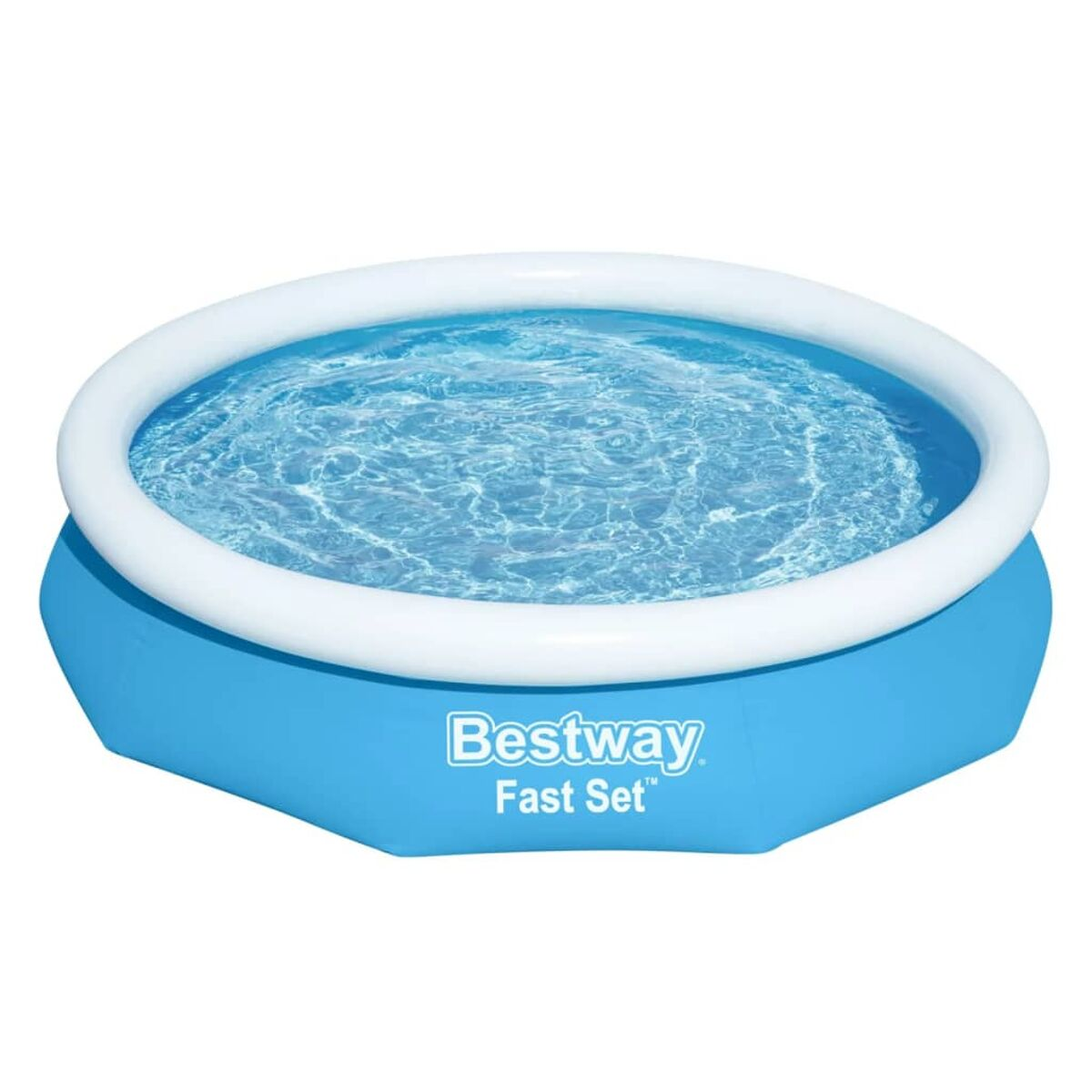 Ein blauer Aufstellpool mit Wasser und einem weißen aufblasbaren Rand. Der Pool steht auf Rasen.