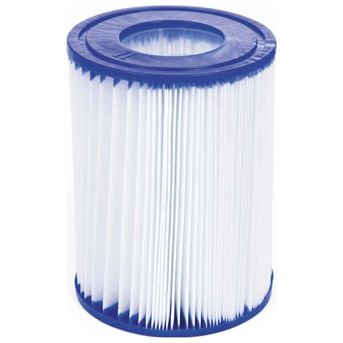 Zylindrischer Poolfilter mit weißem, plissiertem Papier und blauem Ober- und Unterteil.
