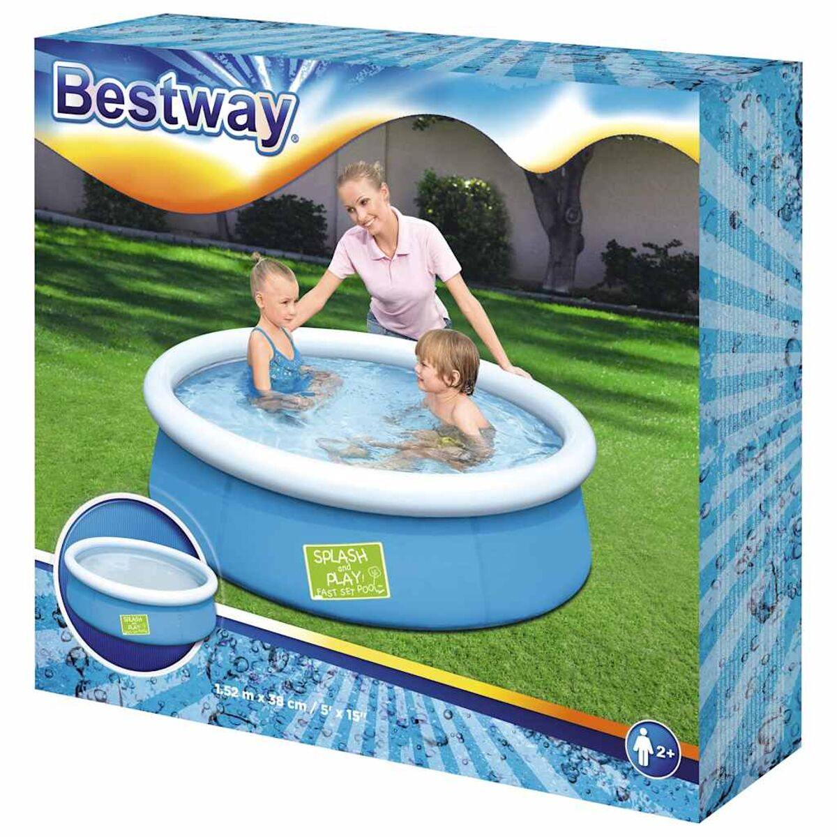 Box zeigt Pool mit Personen. Mutter und Kinder in blauem Pool. Text lautet 'Splash & Play, Spaß für Kinder'.
