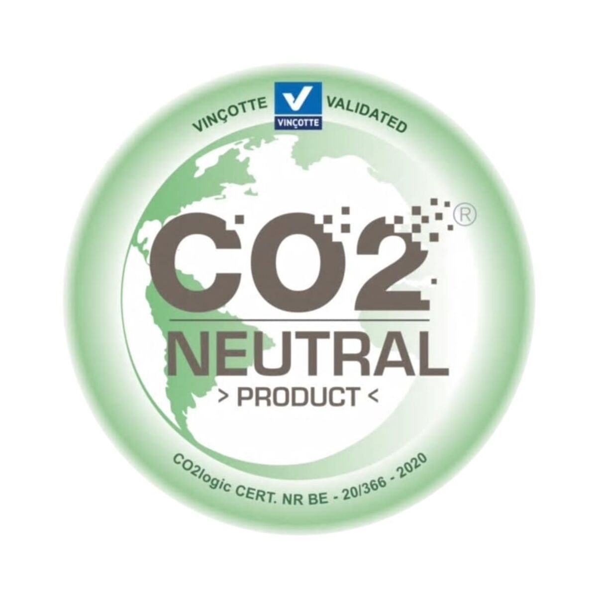 Rundes grünes und weißes CO2 Neutral Produkt-Emblem vor weißem Hintergrund.