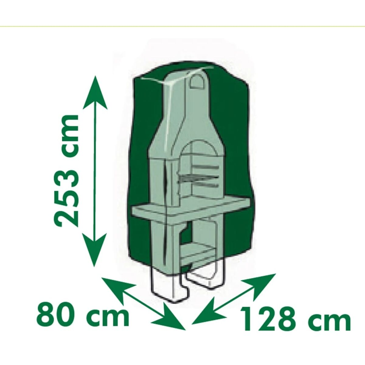 Abgedeckte Außenküche. Maße: 253cm hoch, 80cm breit und 128cm tief.