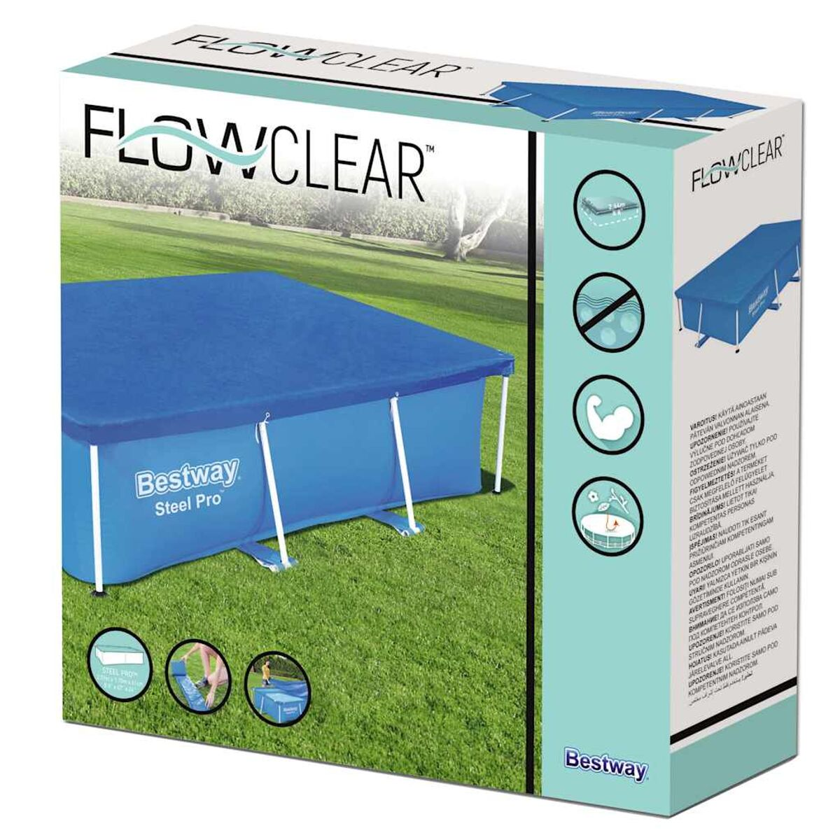 Eine blaue und weiße Box für einen Pool. Sie trägt die Aufschriften FLOWCLEAR und Bestway Steel Pro.