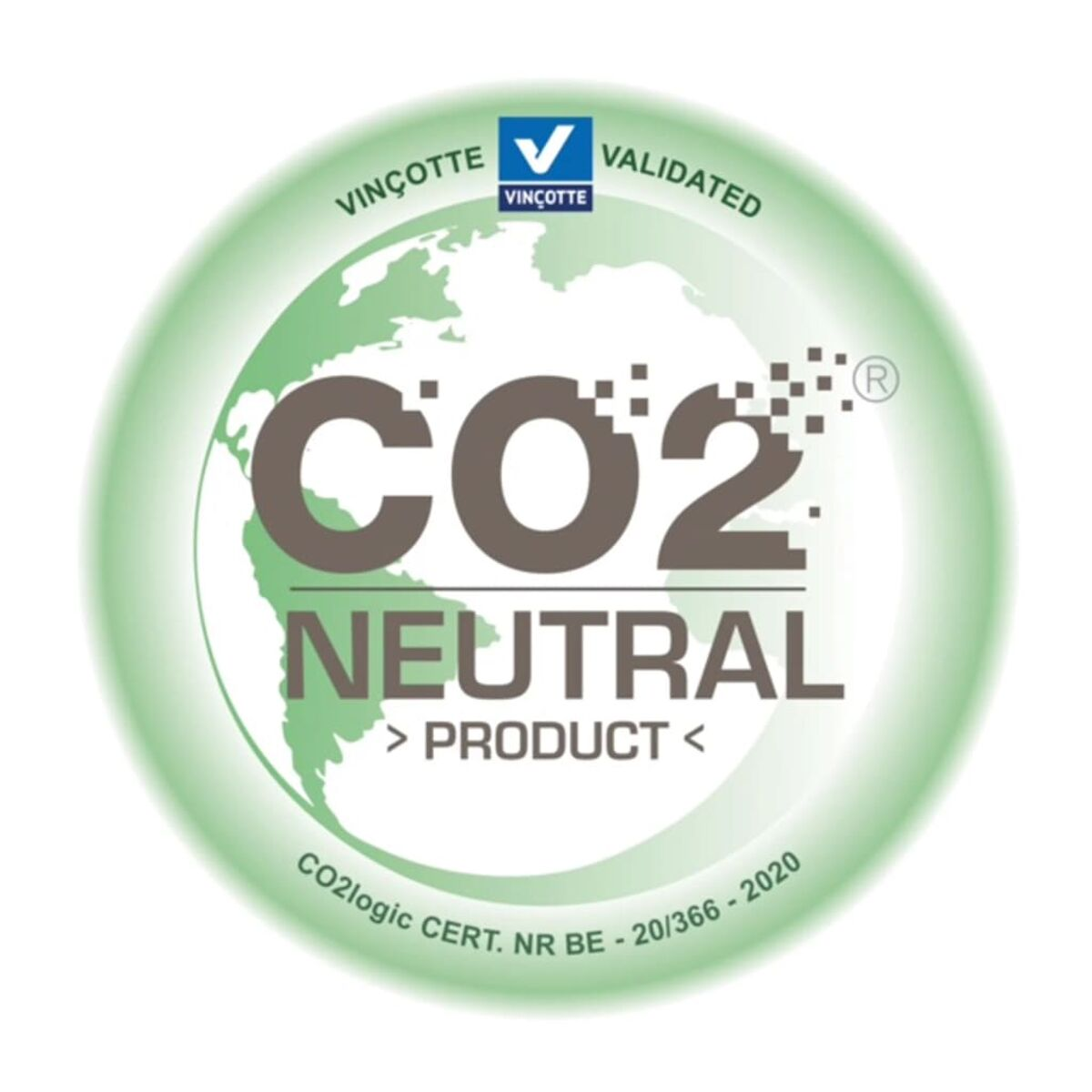 Grünes CO2-neutrales Produktlogo mit einer Globusgrafik. Enthält das VINCOTTE-Logo.