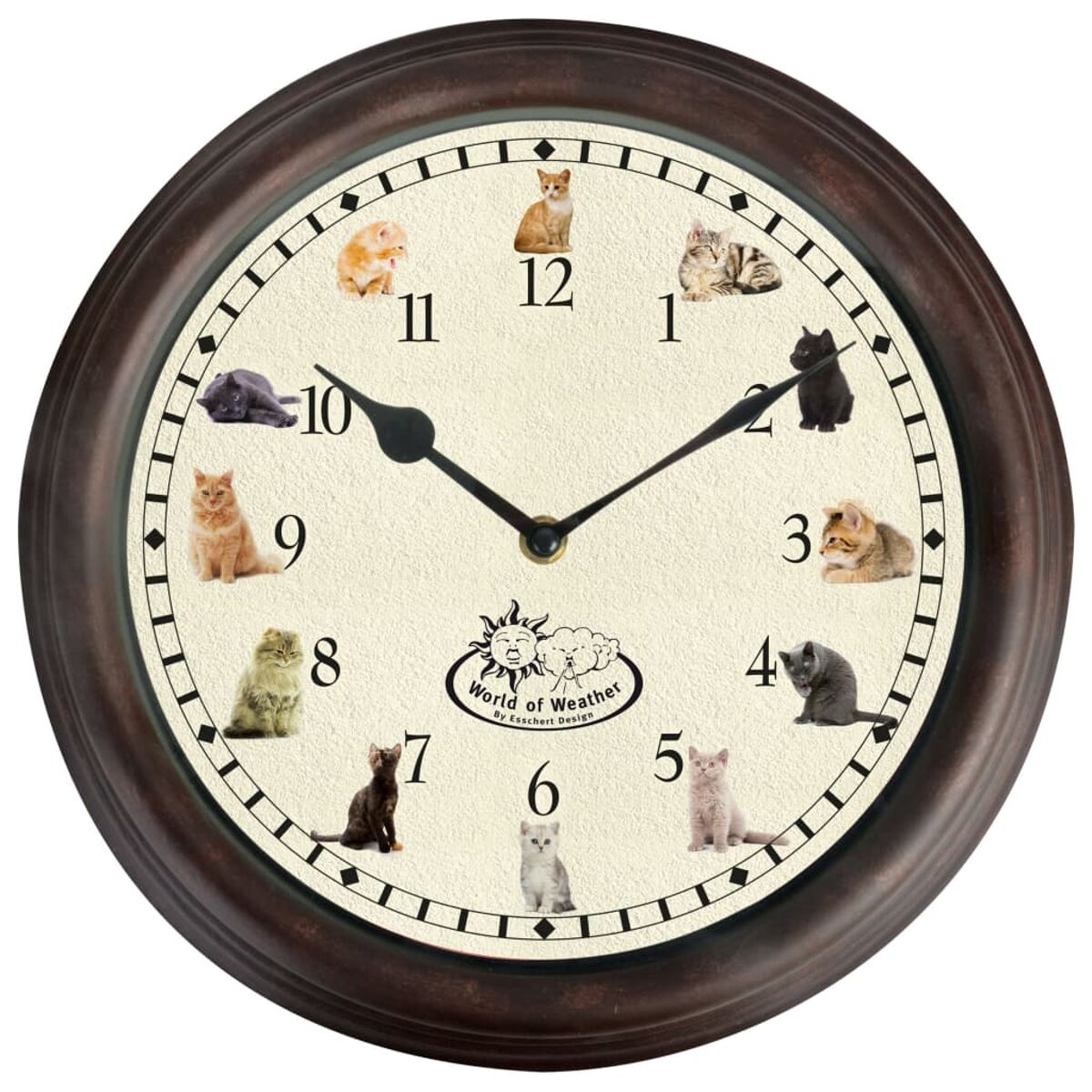 Runde Wanduhr mit Katzenbildern an den Stundenmarkierungen. Dunkelbrauner Rahmen, cremefarbenes Zifferblatt.