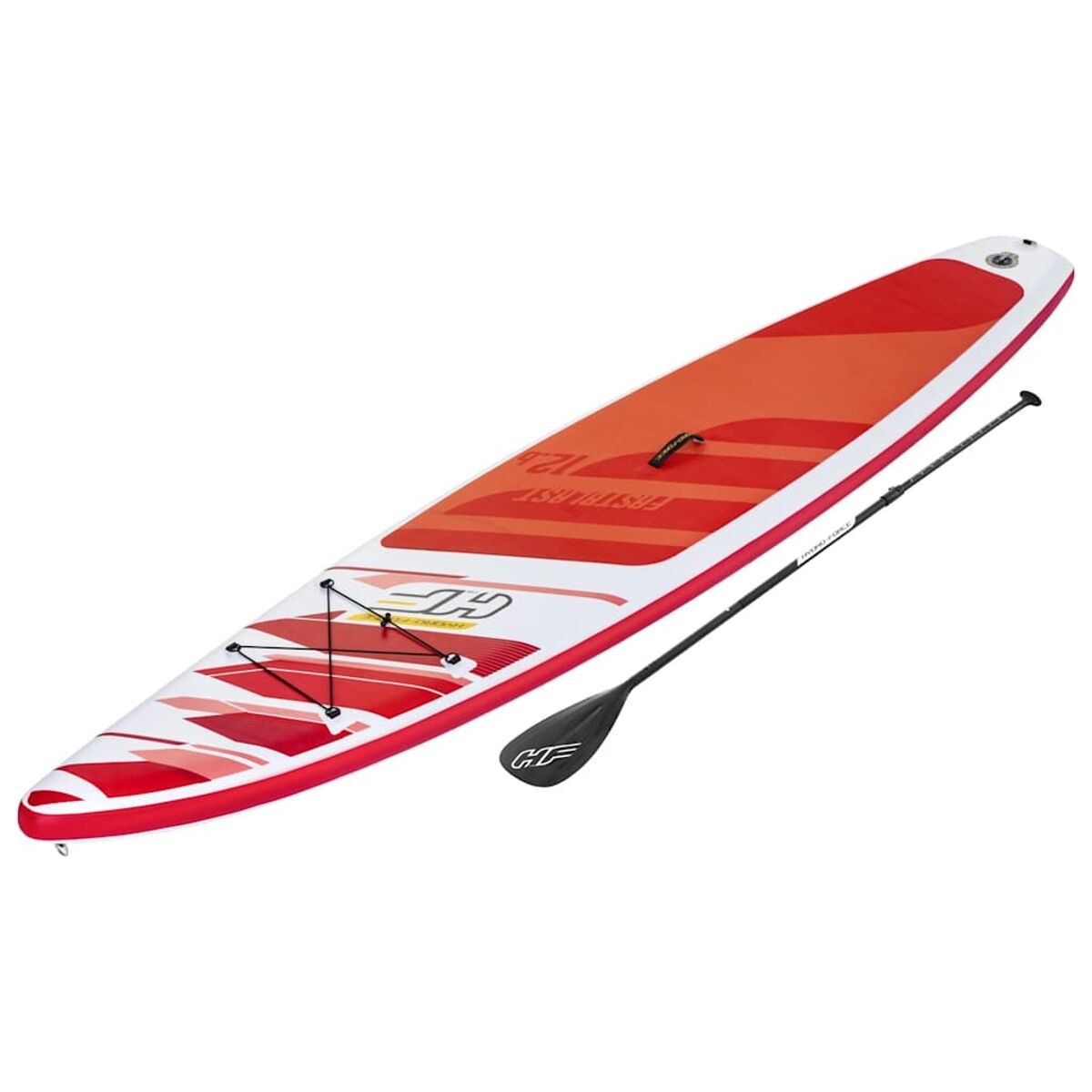Red and white paddleboard with a black paddle on a white background.