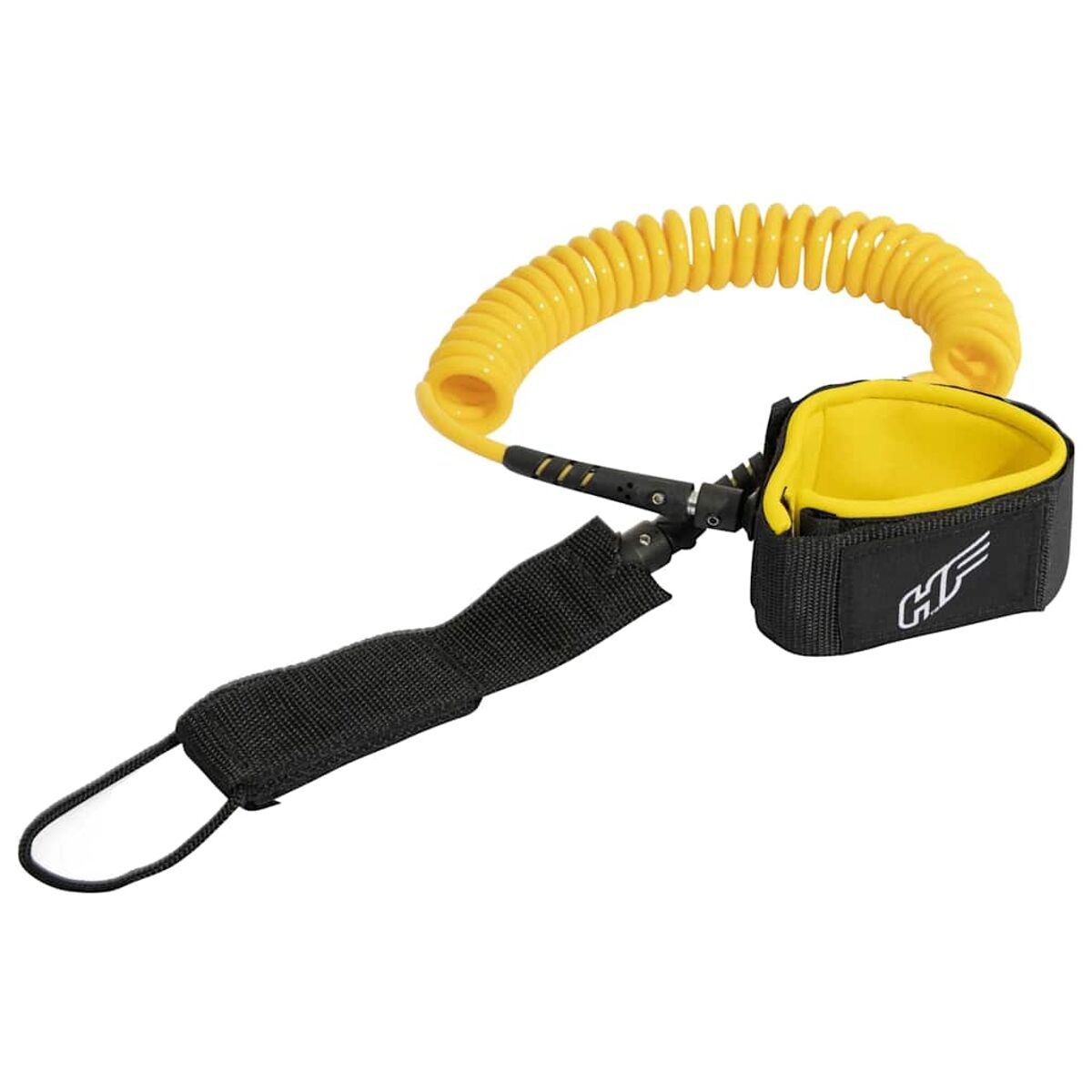 A yellow surf leash with a black cuff and a black cord.