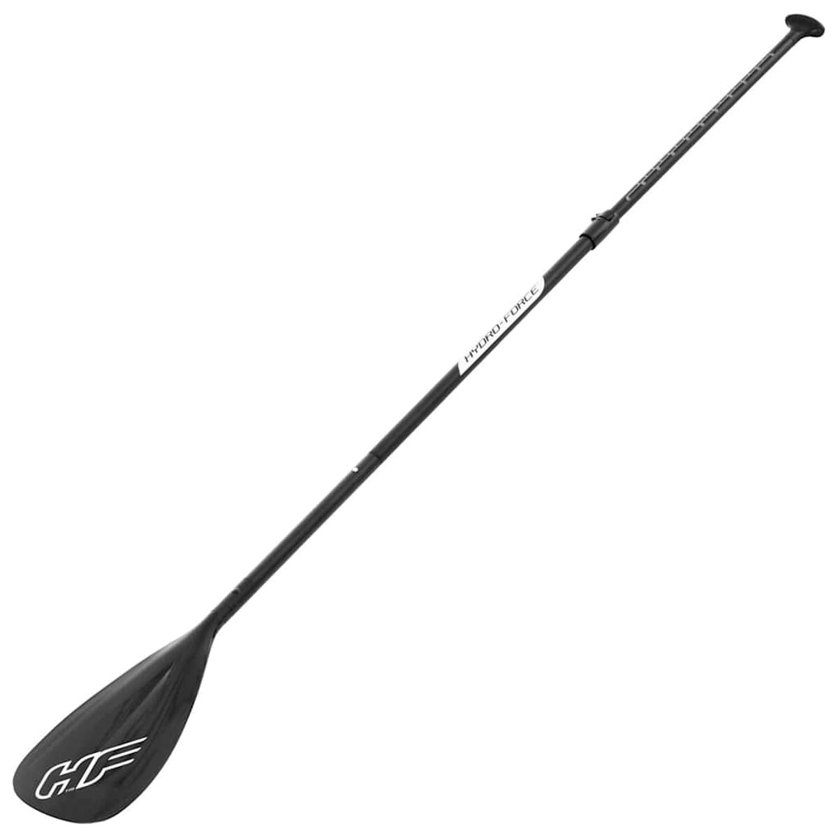 A black paddle is isolated against a white background. It has a long handle.