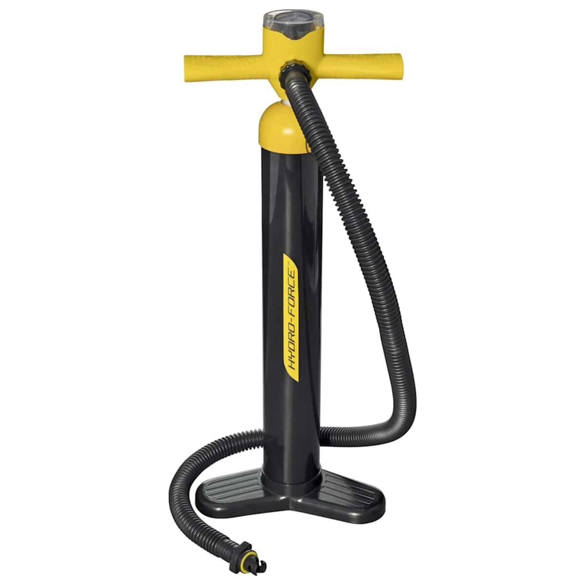 Yellow and black hand pump. Has a hose and a T-shaped handle.  White background.