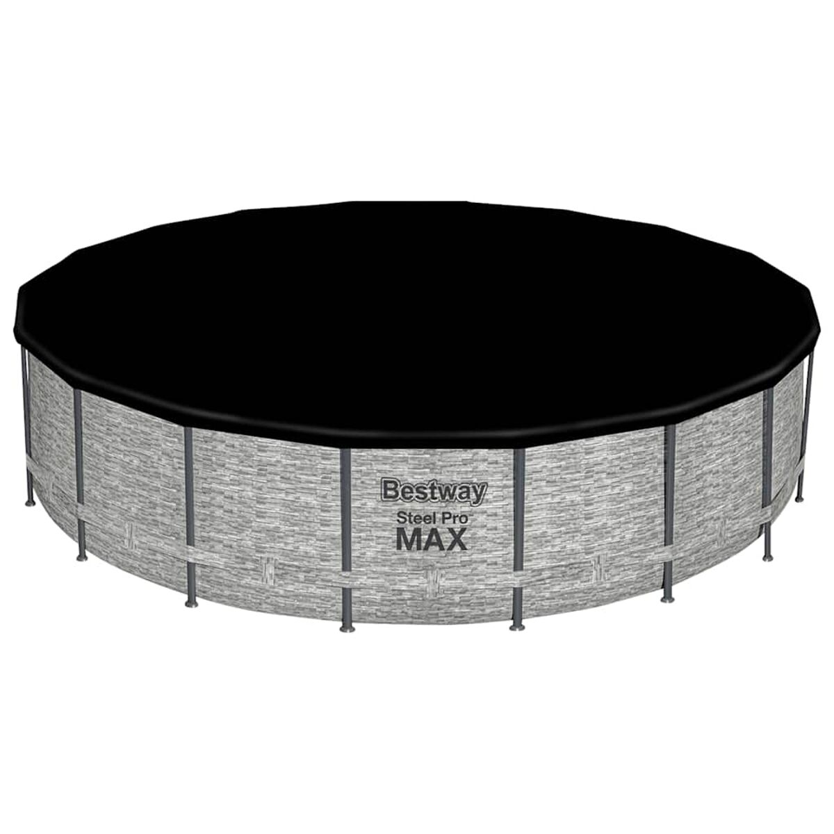 Runder Pool mit schwarzer Abdeckung. Graue Seiten und Bestway Steel Pro MAX Logo. Weißer Hintergrund.