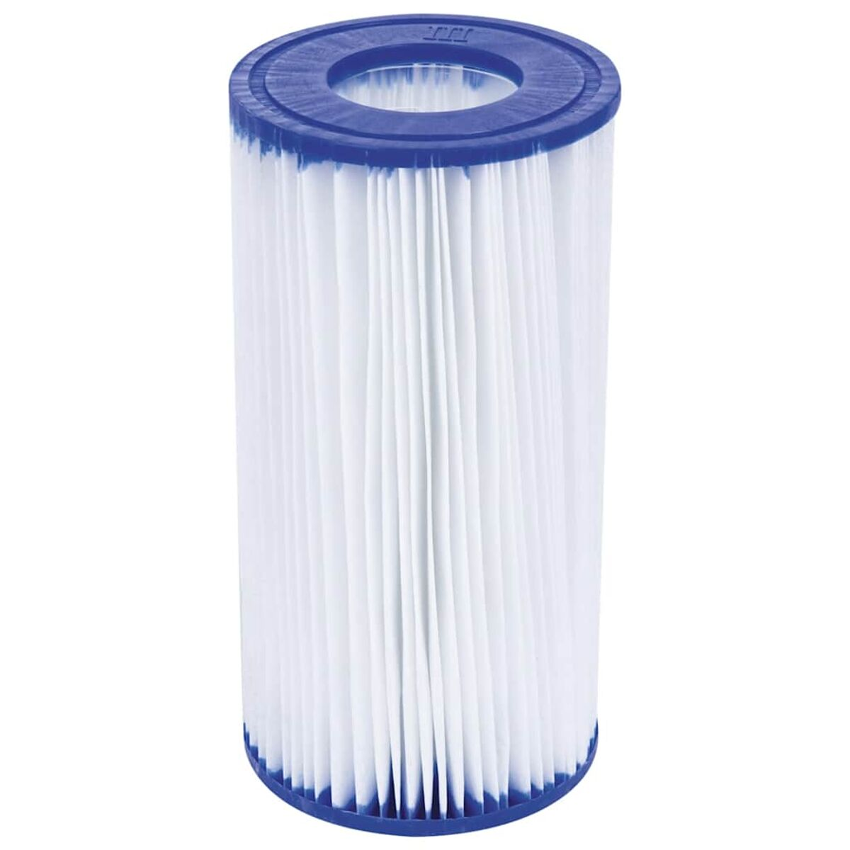 Weißer zylindrischer Poolfilter mit blauen Enden, der das gefaltete Filtermaterial zeigt.