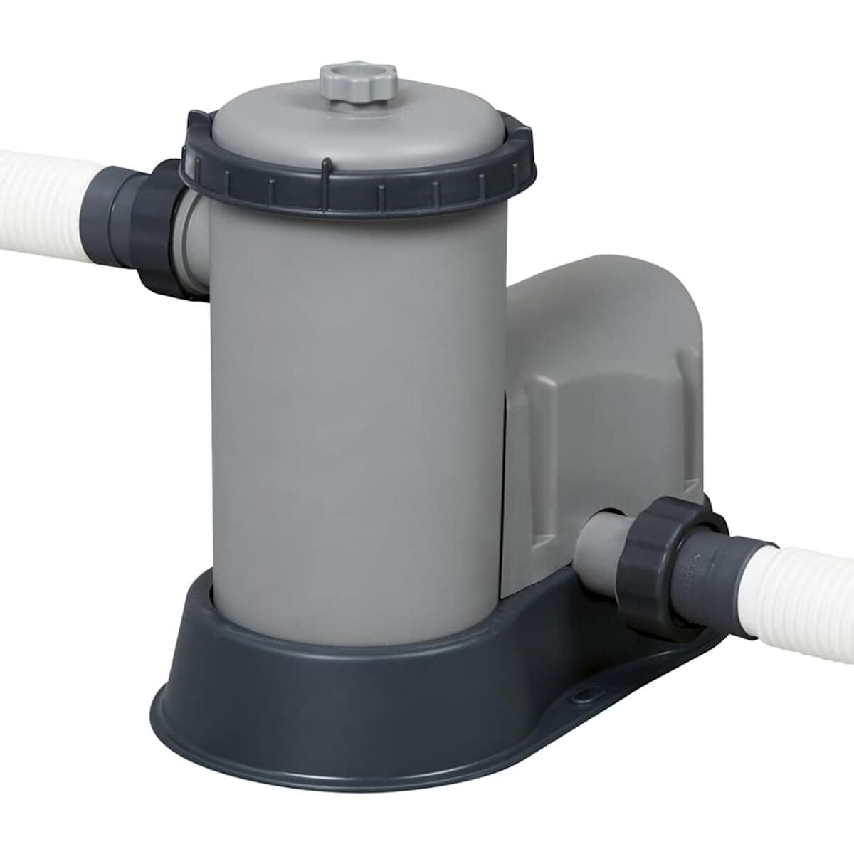 Grauer Poolfilter mit weißen Schläuchen. Dunkelgraue Basis und Oberteil. Weißer Hintergrund.
