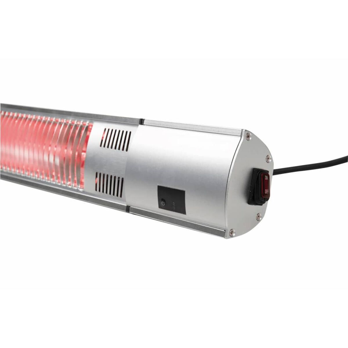 A silver outdoor heater with red heating elements and a black on/off switch.