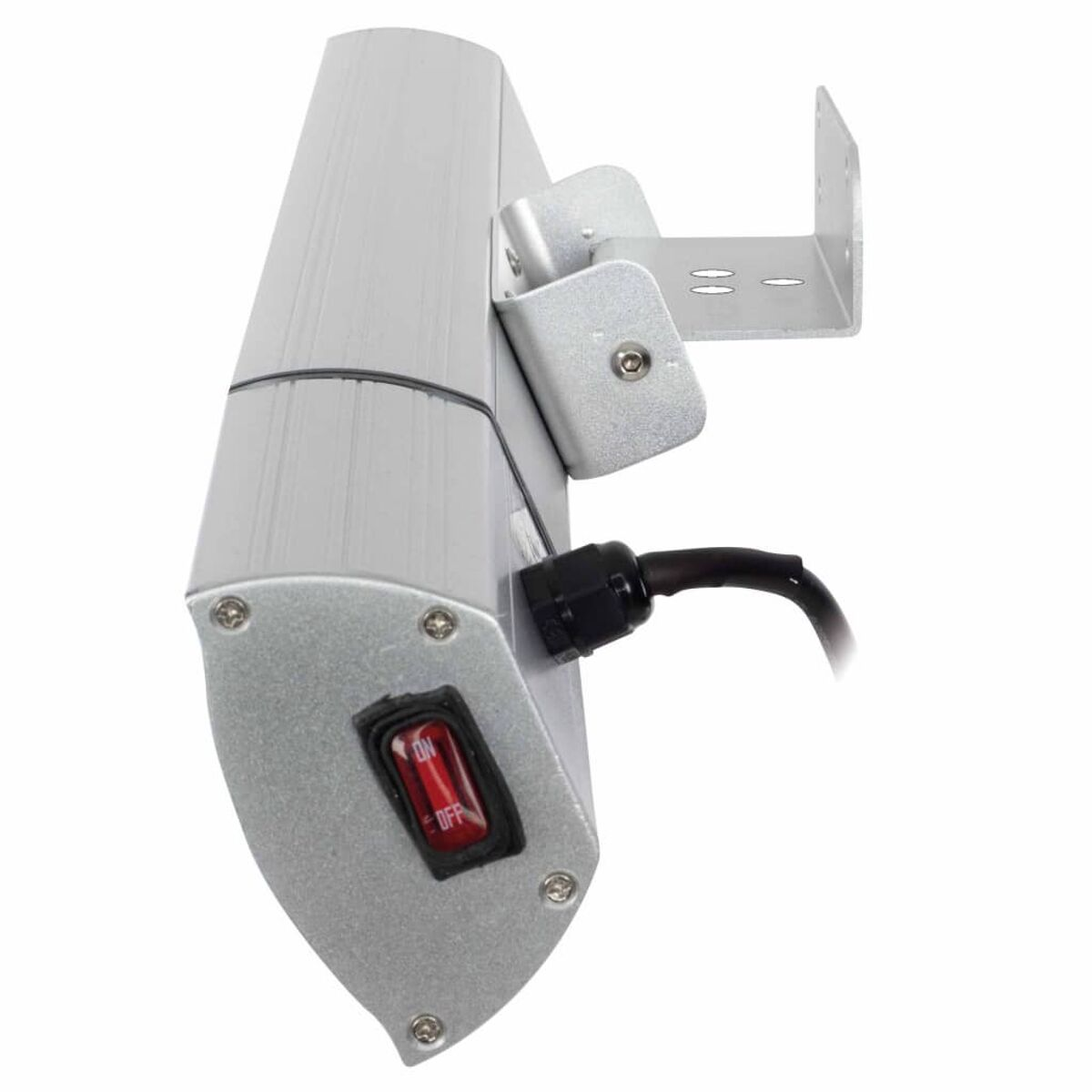 A silver-colored electrical device with a red on/off switch and a black cable.
