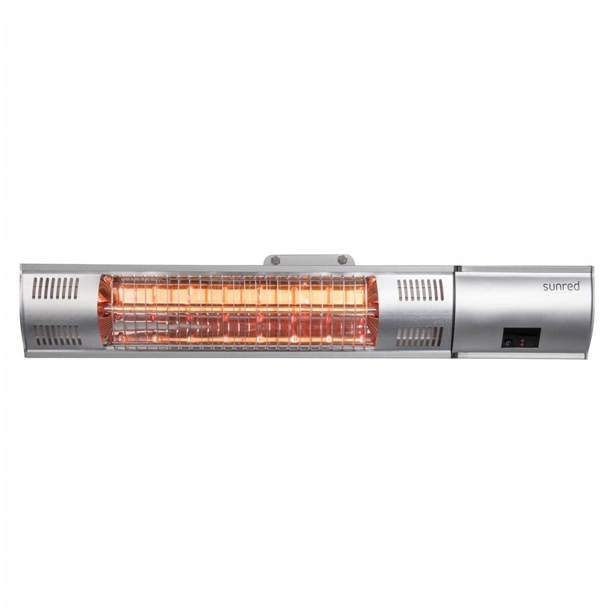 Silver, rectangular outdoor heater. Long shape with vents, Sunred brand. Red glow from heating element. White background.