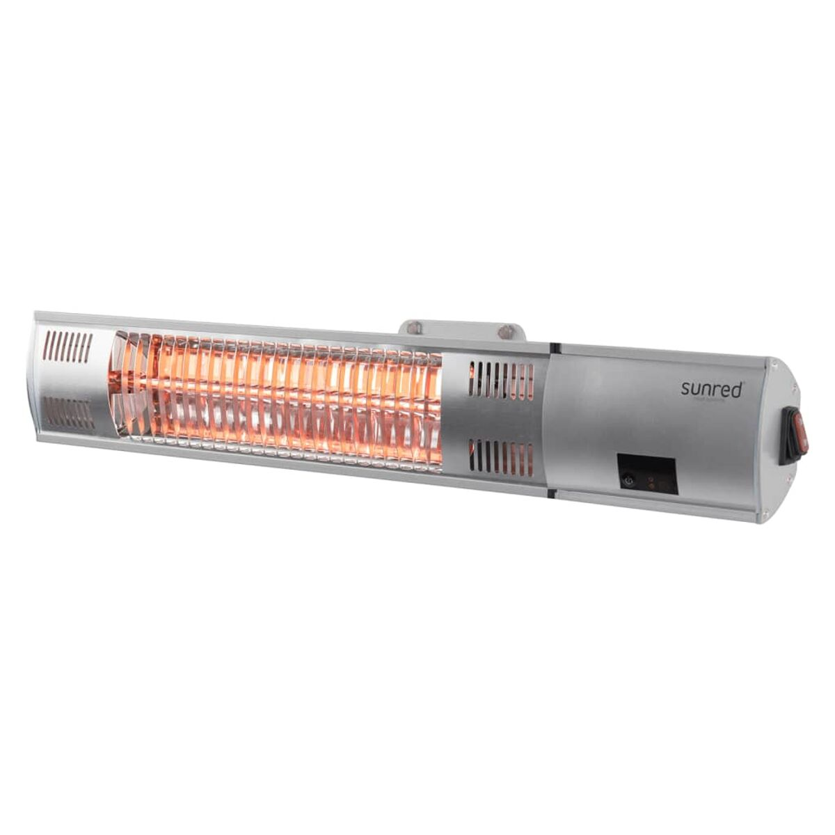 A silver Sunred outdoor heater with red glowing elements, mounted on a wall, isolated.