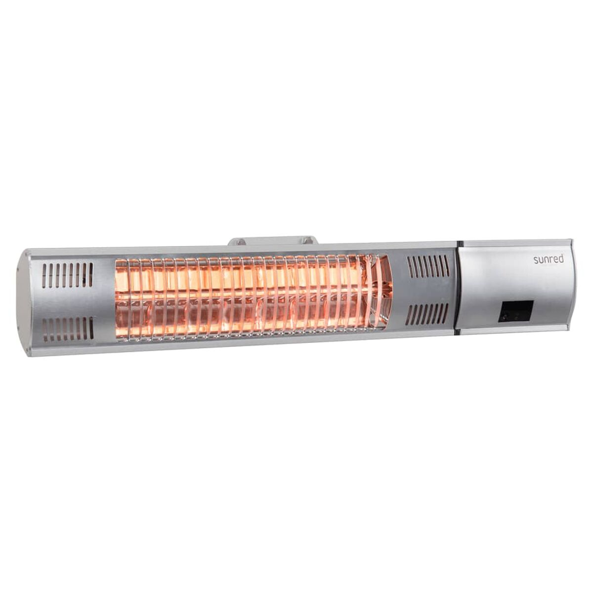 A silver outdoor heater with a red heating element, mounted against a white background.