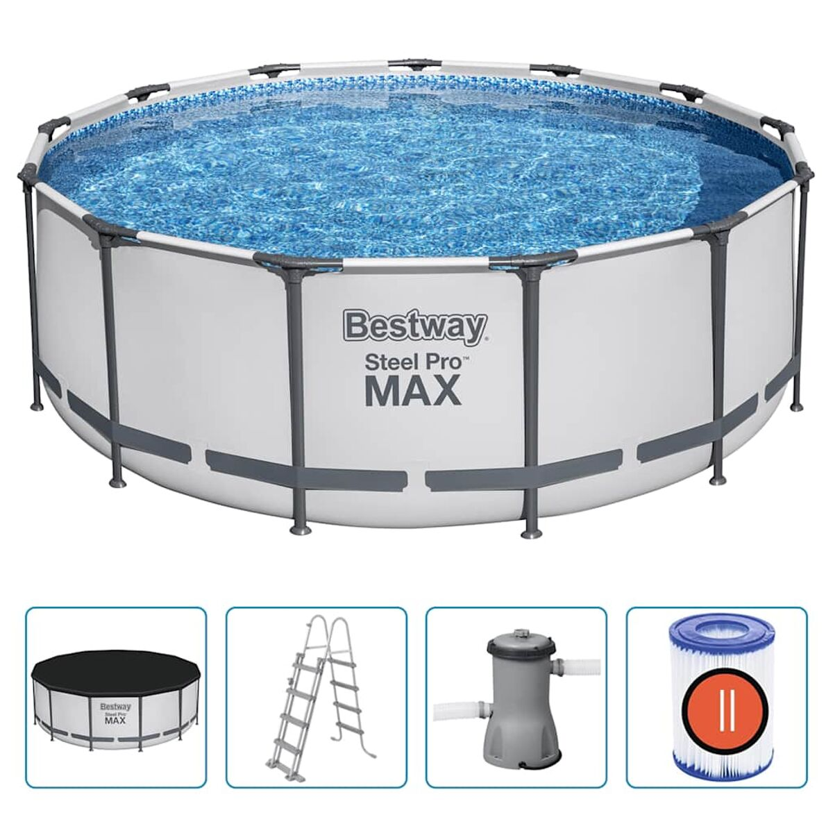 Piscina fuori terra con accessori. Include una copertura, una scala, una pompa e un filtro.