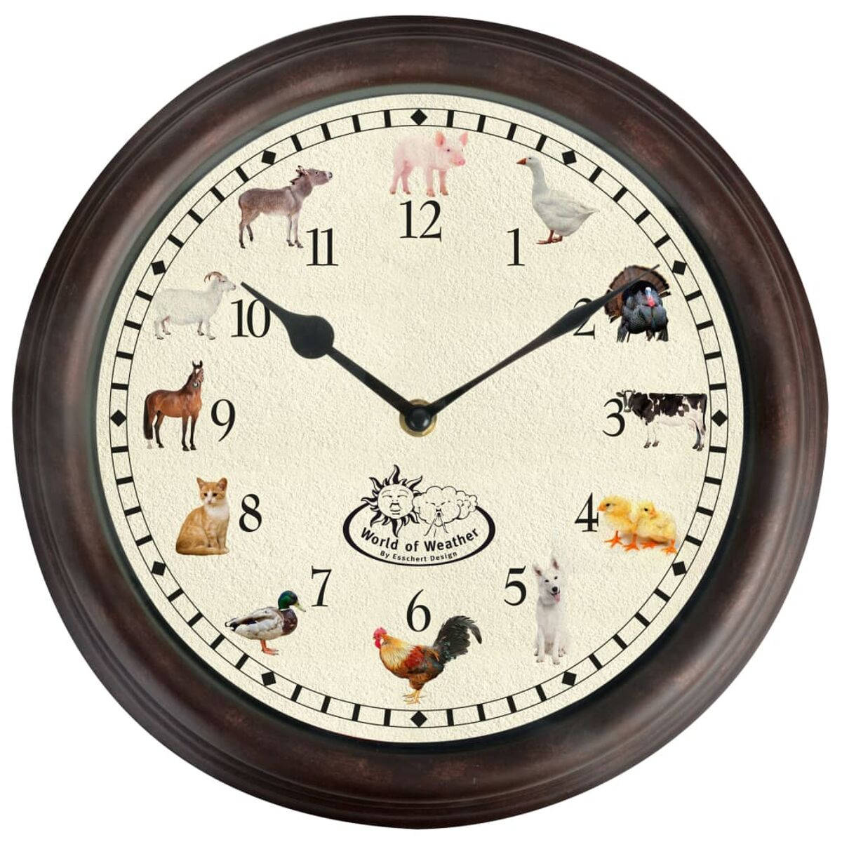 Cadran d'horloge avec des animaux de la ferme à chaque heure, dans un cadre en bois marron.