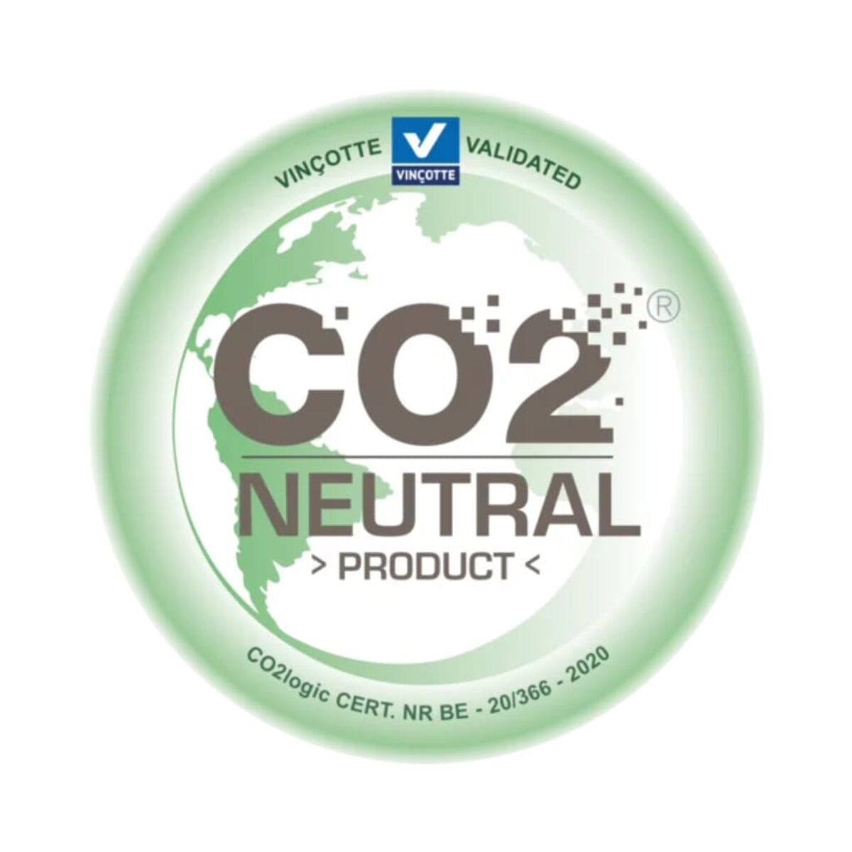 Ein grünes, kreisförmiges CO2-neutrales Produktlogo mit Text und einer Globusgrafik.