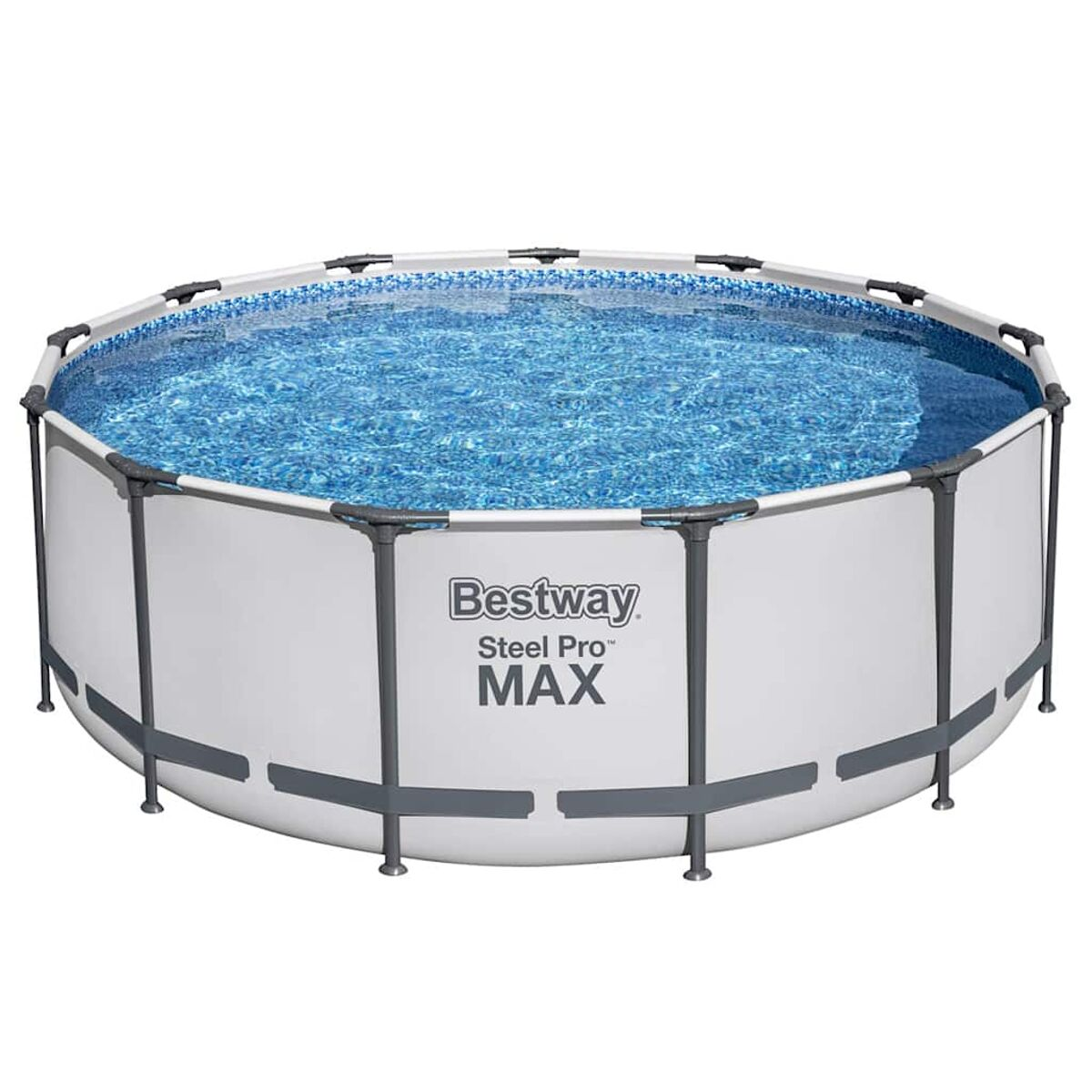 Piscina rotonda con acqua blu. Logo Bestway Steel Pro MAX. Lati bianchi e supporti grigi.