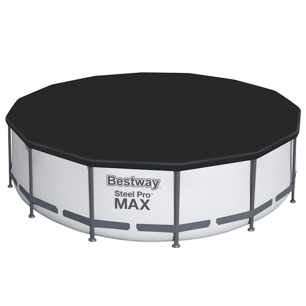 Piscina rotonda con copertura nera. Lati bianchi e supporti grigi. Logo Bestway Steel Pro MAX.