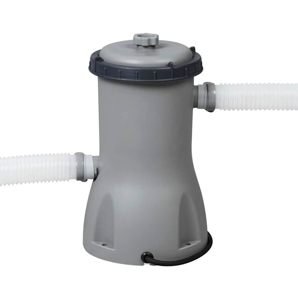 Filtro piscina grigio con tubi bianchi. Sfondo bianco. Accessorio per pulire l'acqua.