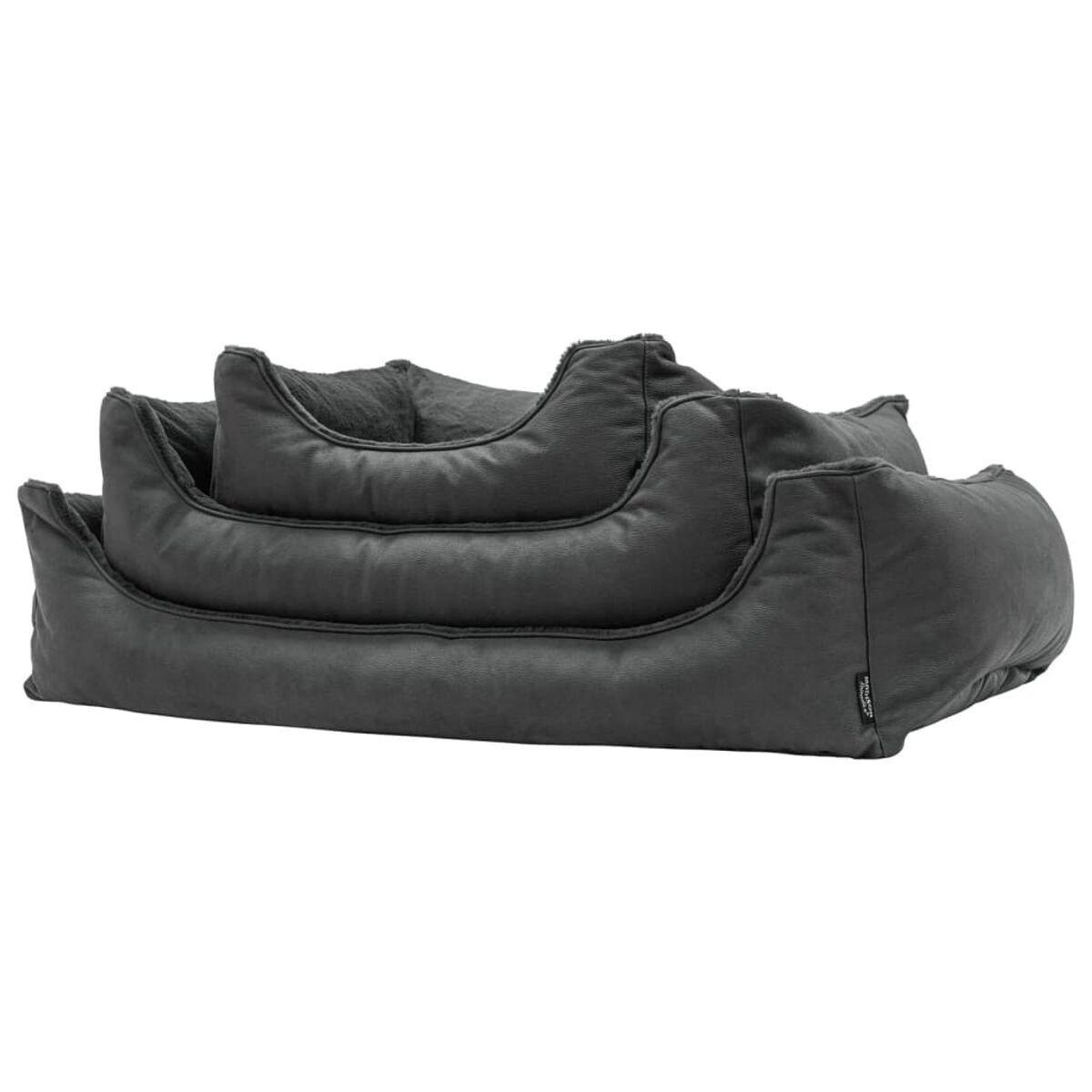 Dunkelgraues Hundebett mit erhöhten Seiten. Das Bett ist leer und auf weißem Hintergrund isoliert.
