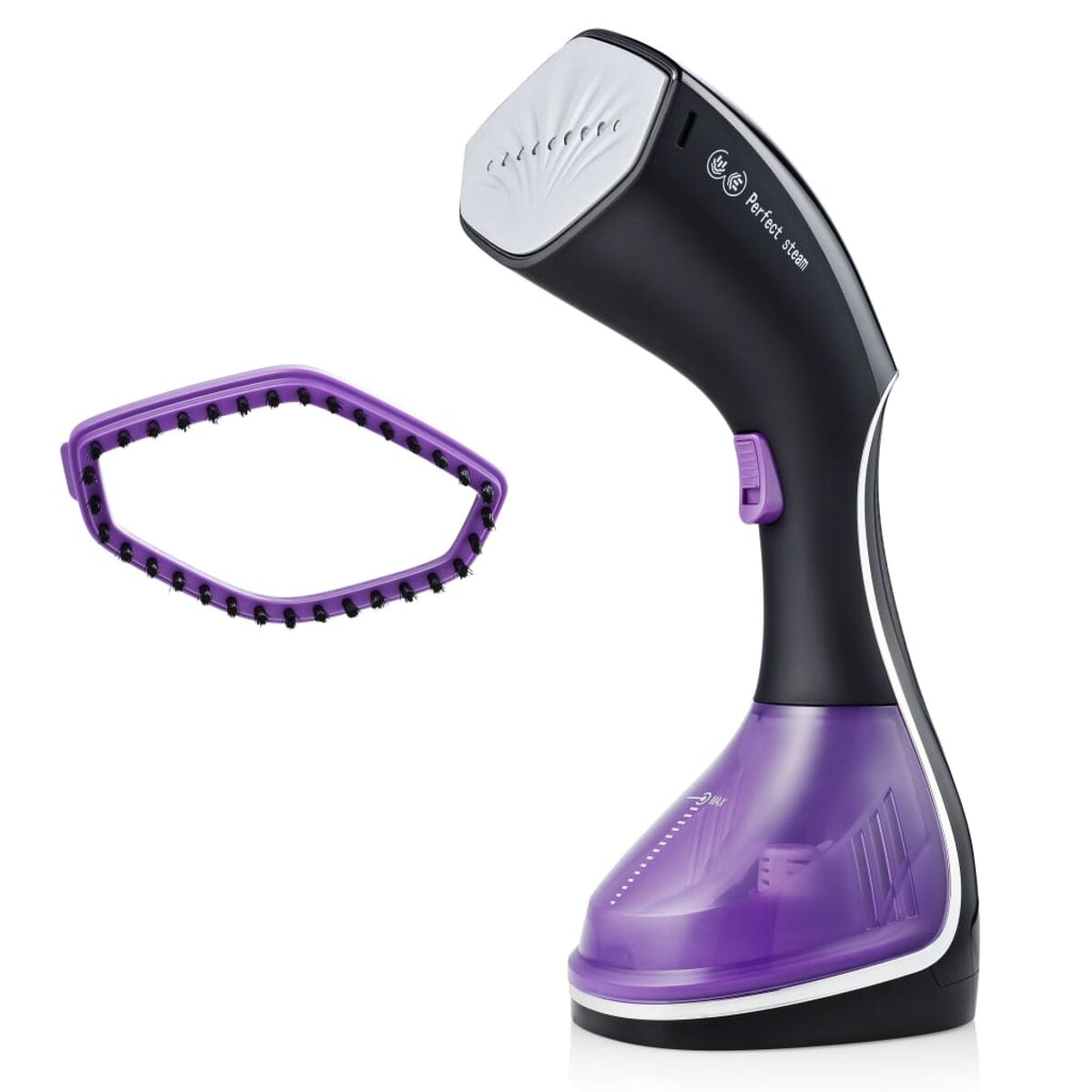 Ein schwarz-violettes Perfect Steam Bügeleisen mit abnehmbarem violetten Bürstenaufsatz, isoliert auf Weiß.