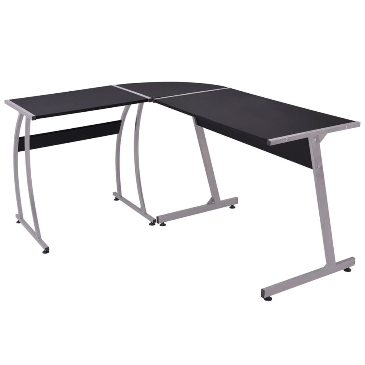 Schwarzer L-förmiger Computertisch mit silbernen Beinen. Weißer Hintergrund, modernes Design.
