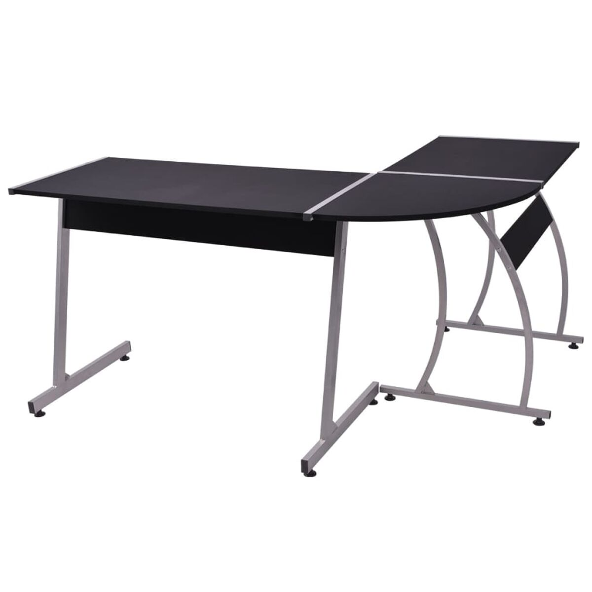 Ein schwarzer und silberner Schreibtisch mit geschwungenem Design und Metallbeinen.