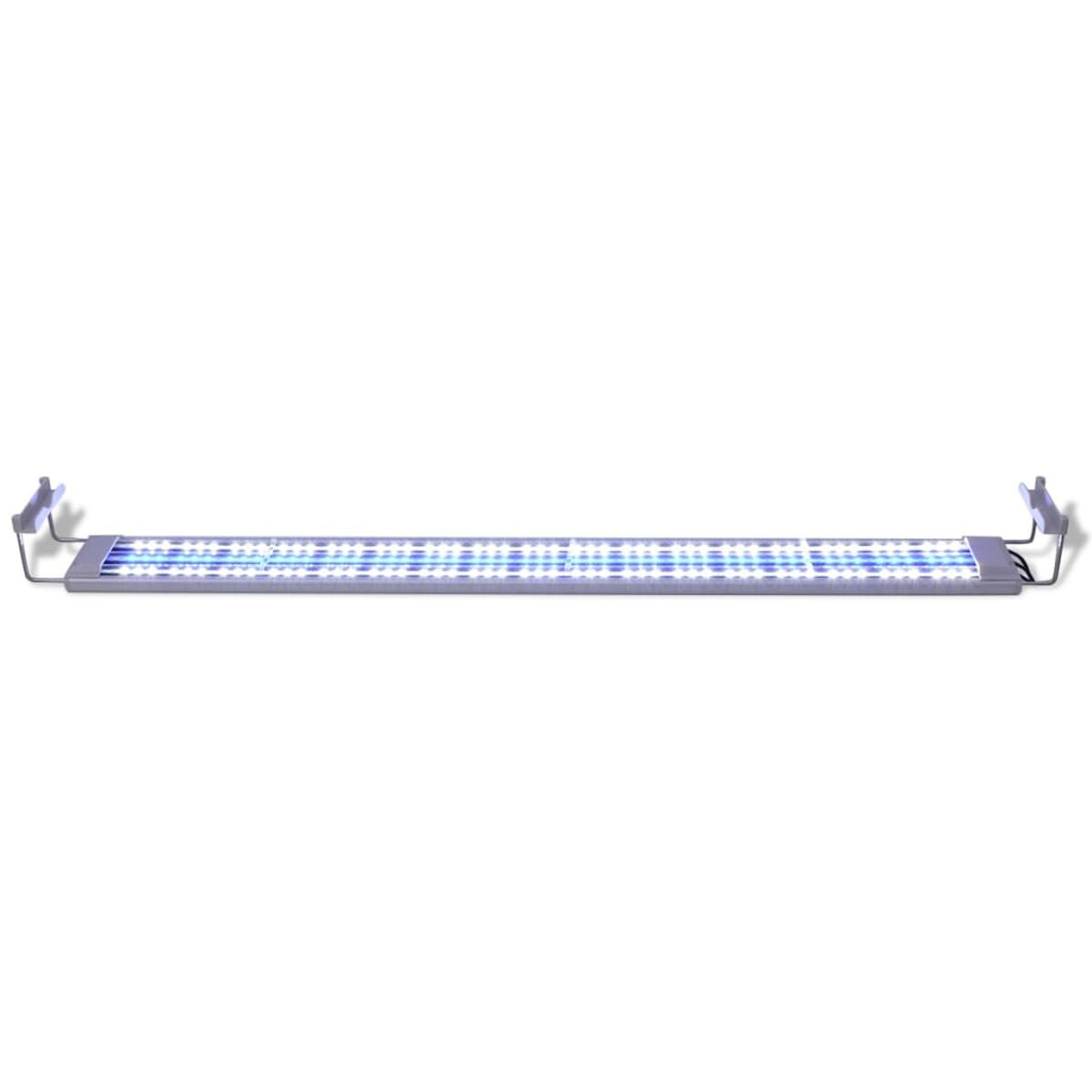 Lange, rechteckige LED-Leuchte für ein Aquarium, mit silbernem Rahmen und blauen Lichtern.