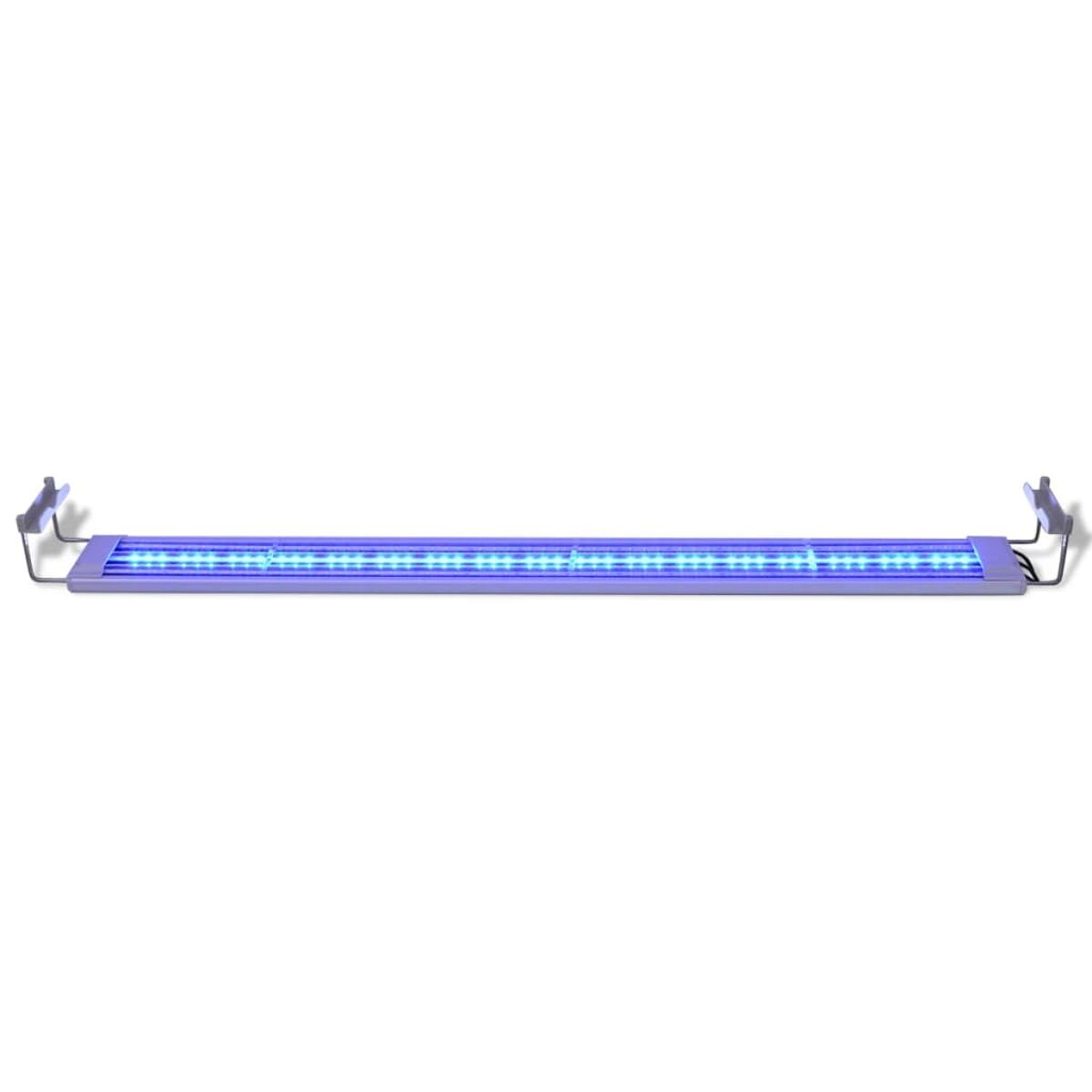 Eine lange, rechteckige LED-Leuchte mit blauen Lichtern, montiert auf weißem Hintergrund.