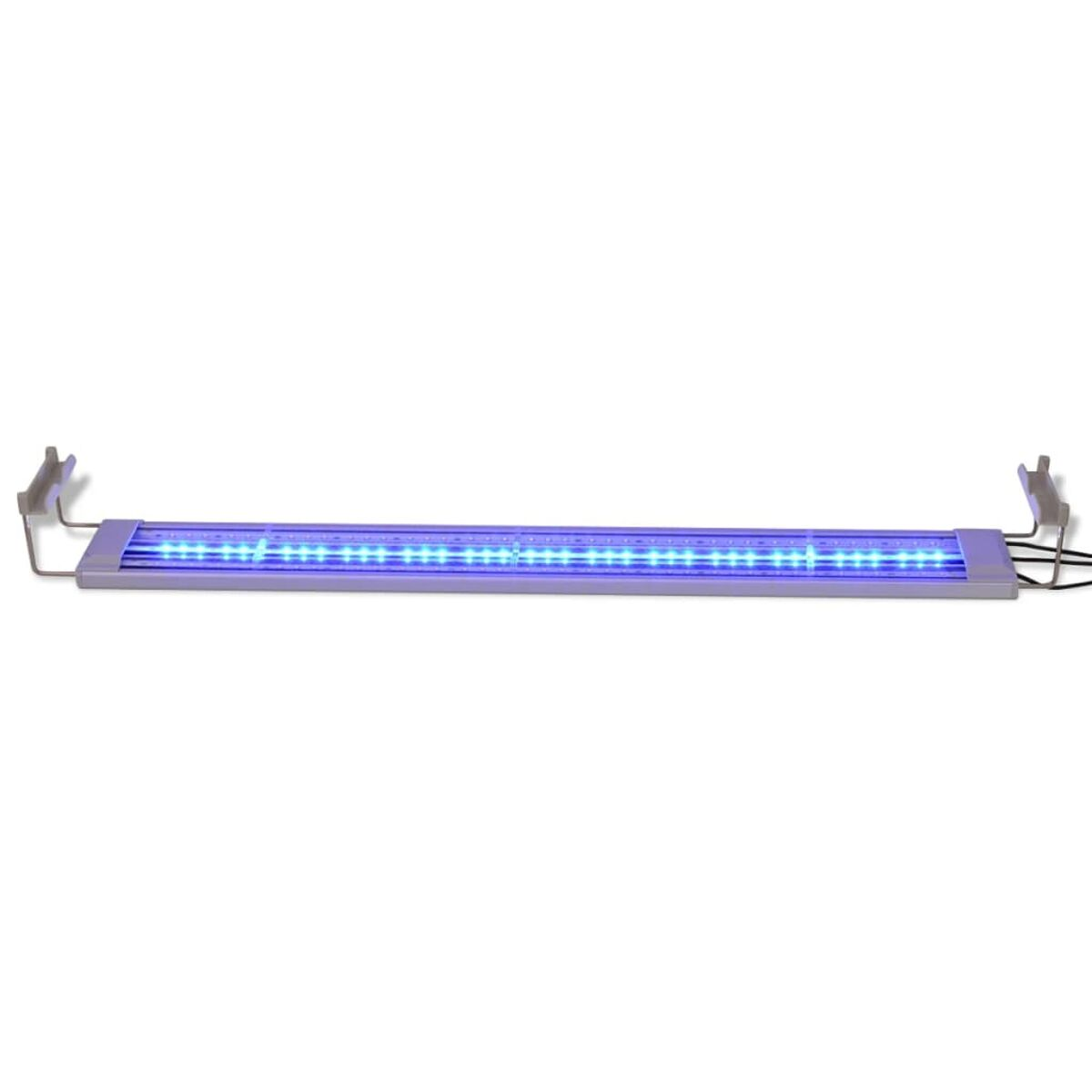 Eine lange, rechteckige LED-Leuchte mit blauen Lichtern, die auf einer weißen Oberfläche montiert ist.