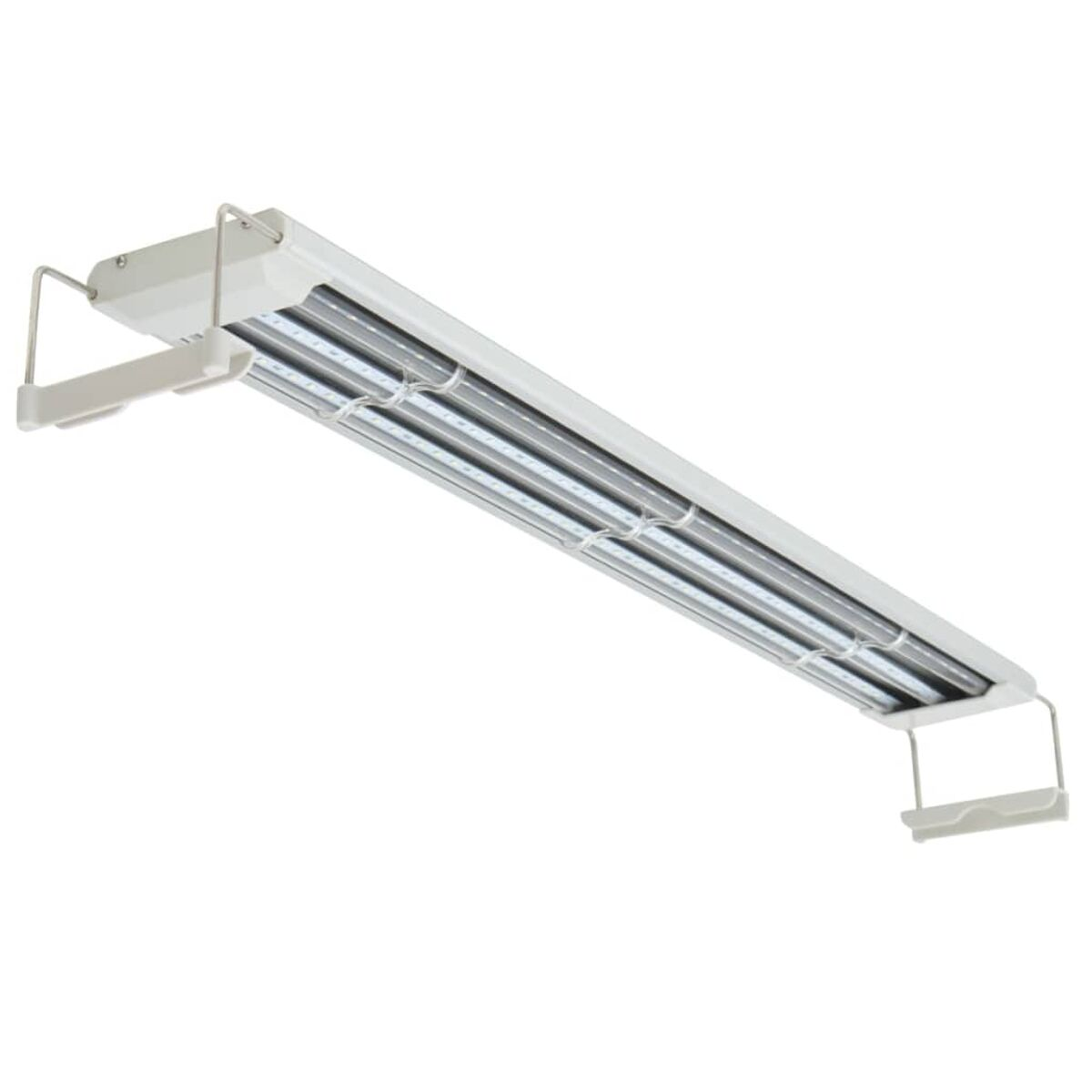 Eine weiße LED-Leuchte mit mehreren Lichtleisten und Montagebügeln.