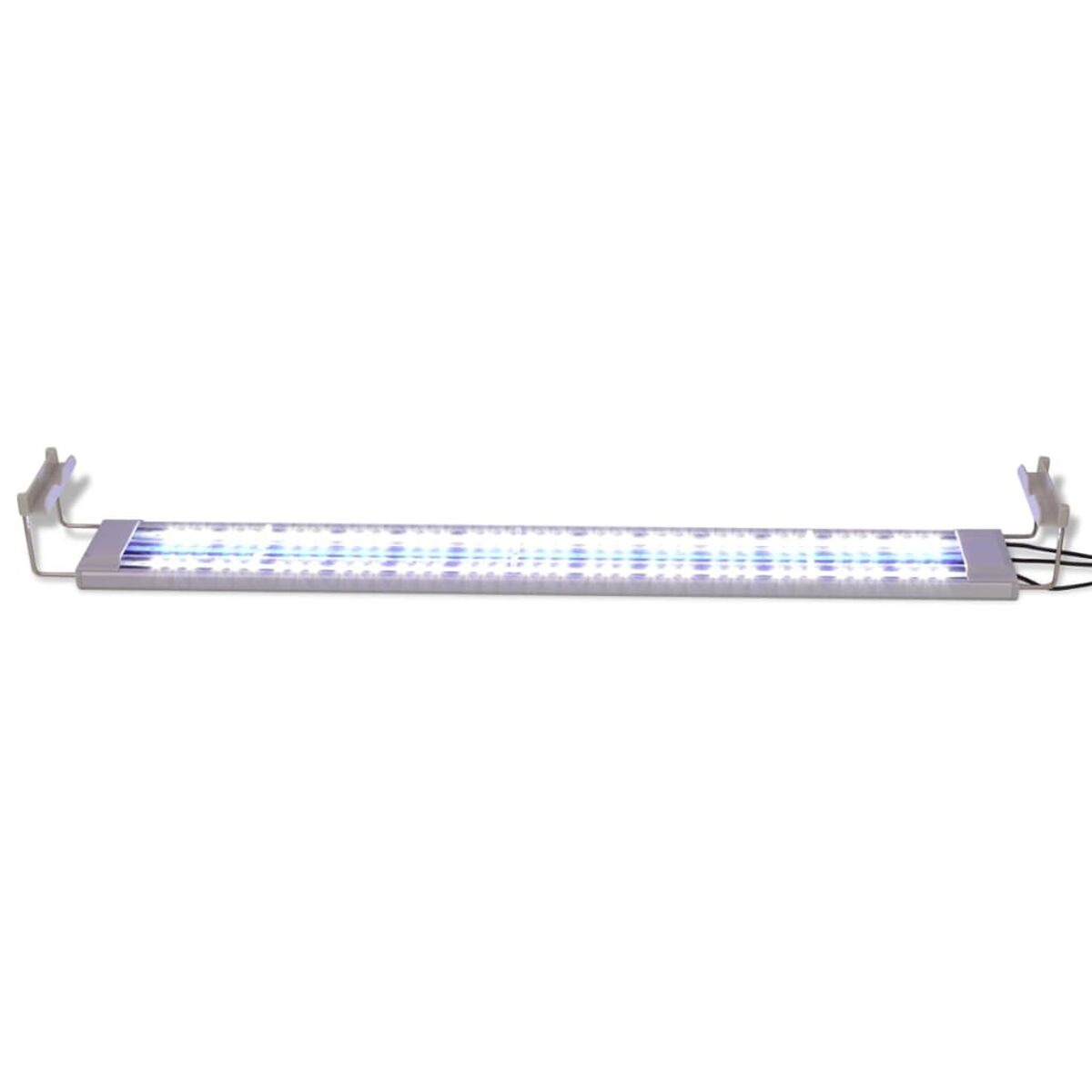 Lange, rechteckige LED-Lichtleiste mit blauen und weißen Lichtern. Sie hat Halterungen an jedem Ende.