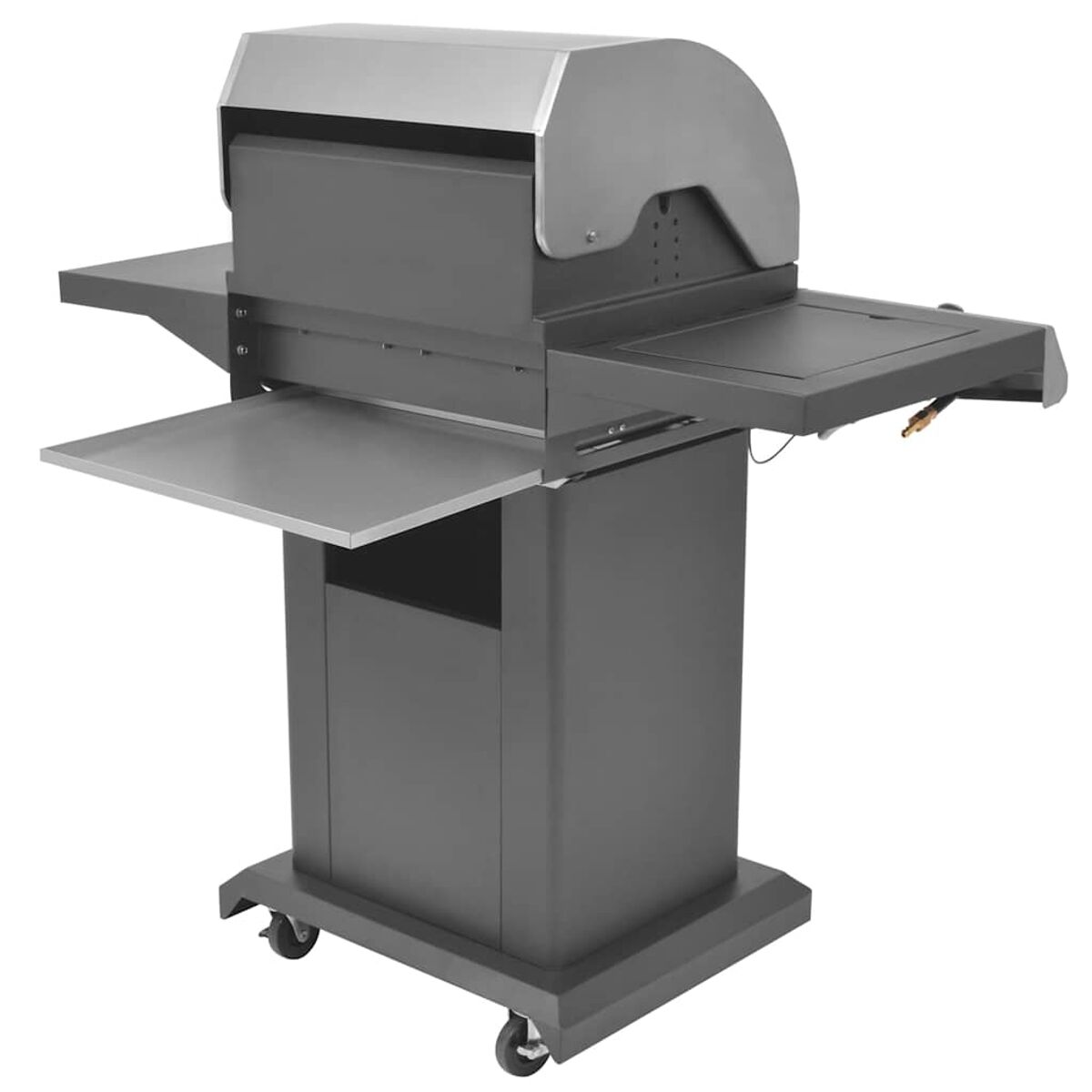 Ein grauer und silberner Grill mit Seitenablagen und einer Abdeckung. Er hat Räder.