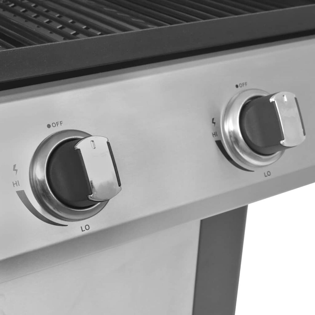 Nahaufnahme der Knöpfe eines Edelstahlgrills mit 'AUS'- und 'HI/LO'-Einstellungen.