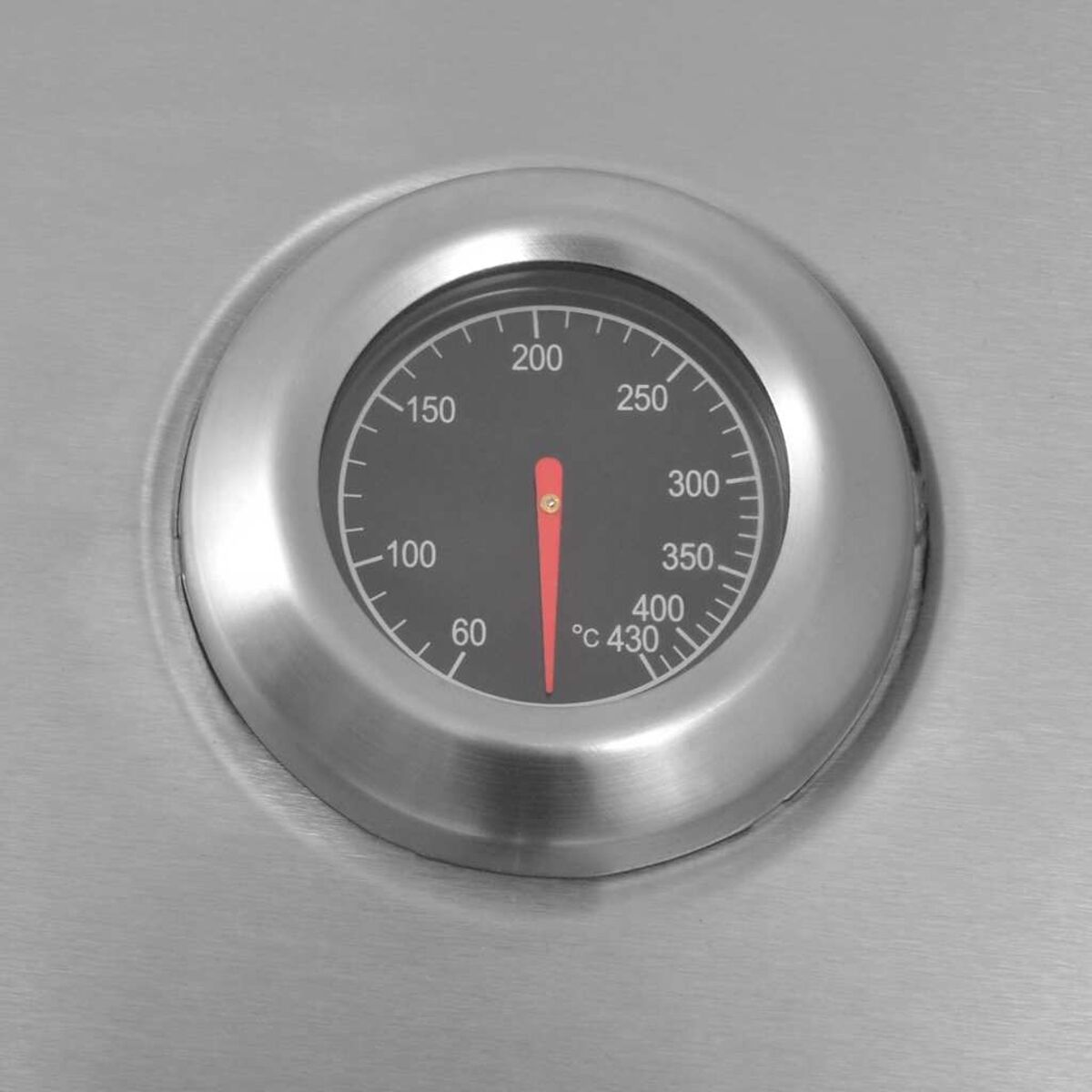 Edelstahl-Grillthermometer. Zeigt die Temperatur in Celsius und Fahrenheit an. Die Nadel zeigt 180 Grad an.