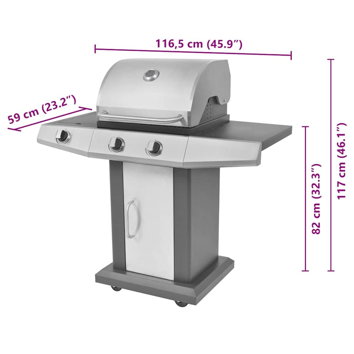 Ein Barbecue-Grill mit angegebenen Abmessungen. Er ist silber und schwarz.