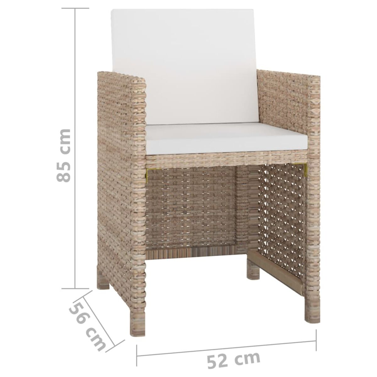 Rattan-Sessel mit weißem Kissen und angegebenen Abmessungen.