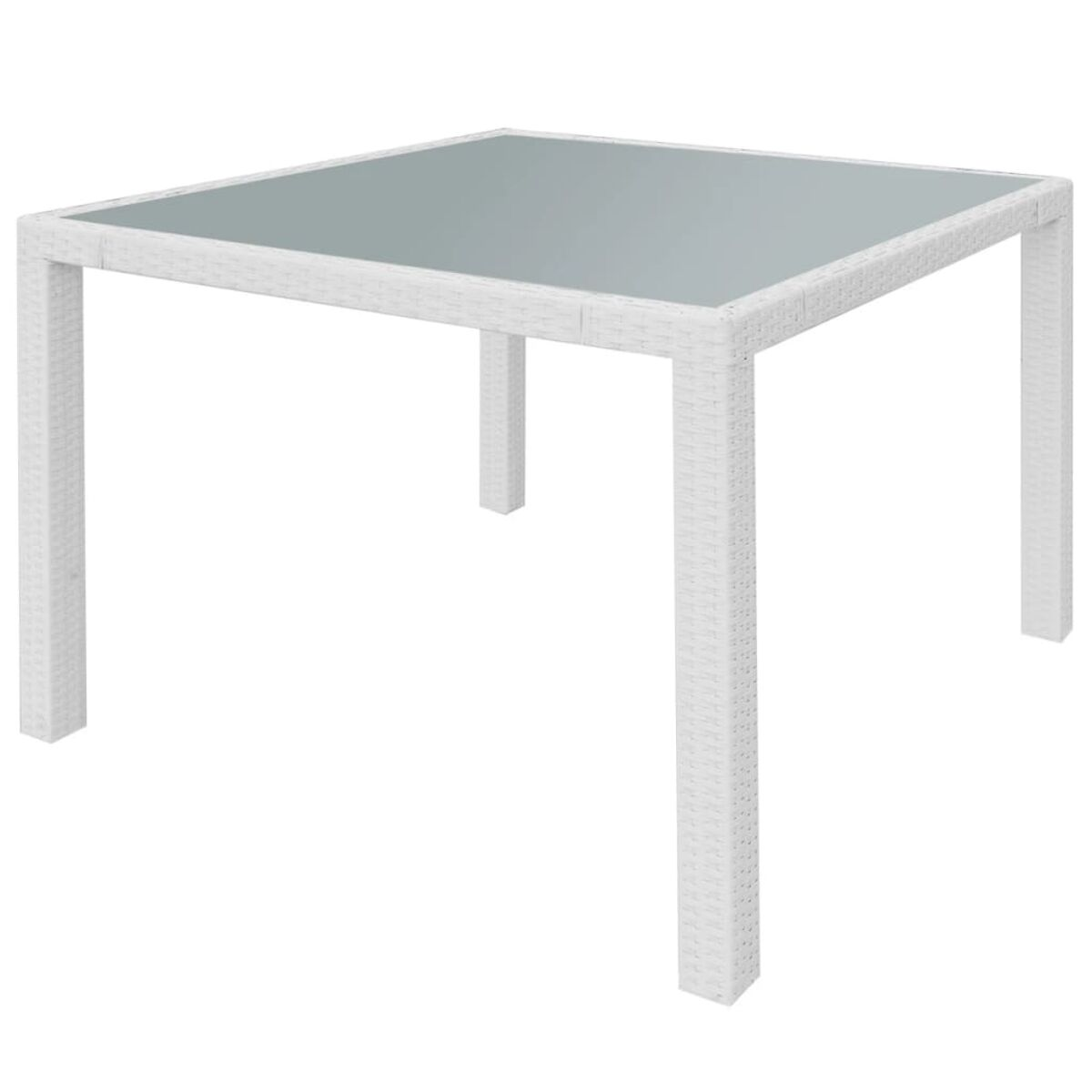 Quadratischer, weißer Tisch mit klarer Glasplatte und weißem Korbgeweberahmen.