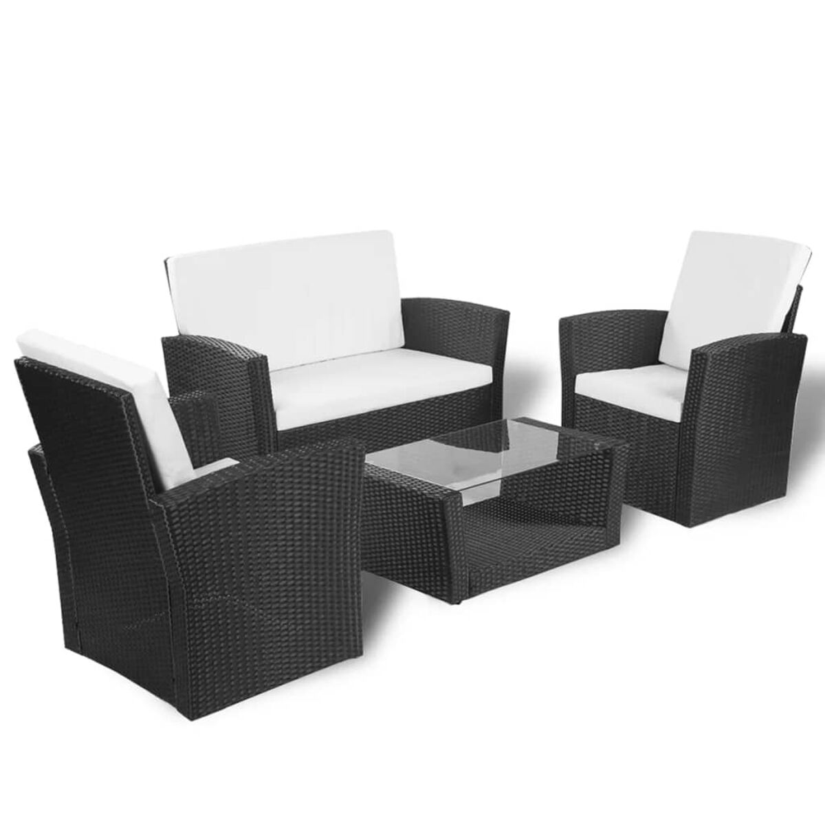 Ein schwarzes Outdoor-Möbelset aus Korbgeflecht mit weißen Kissen und Glastisch.