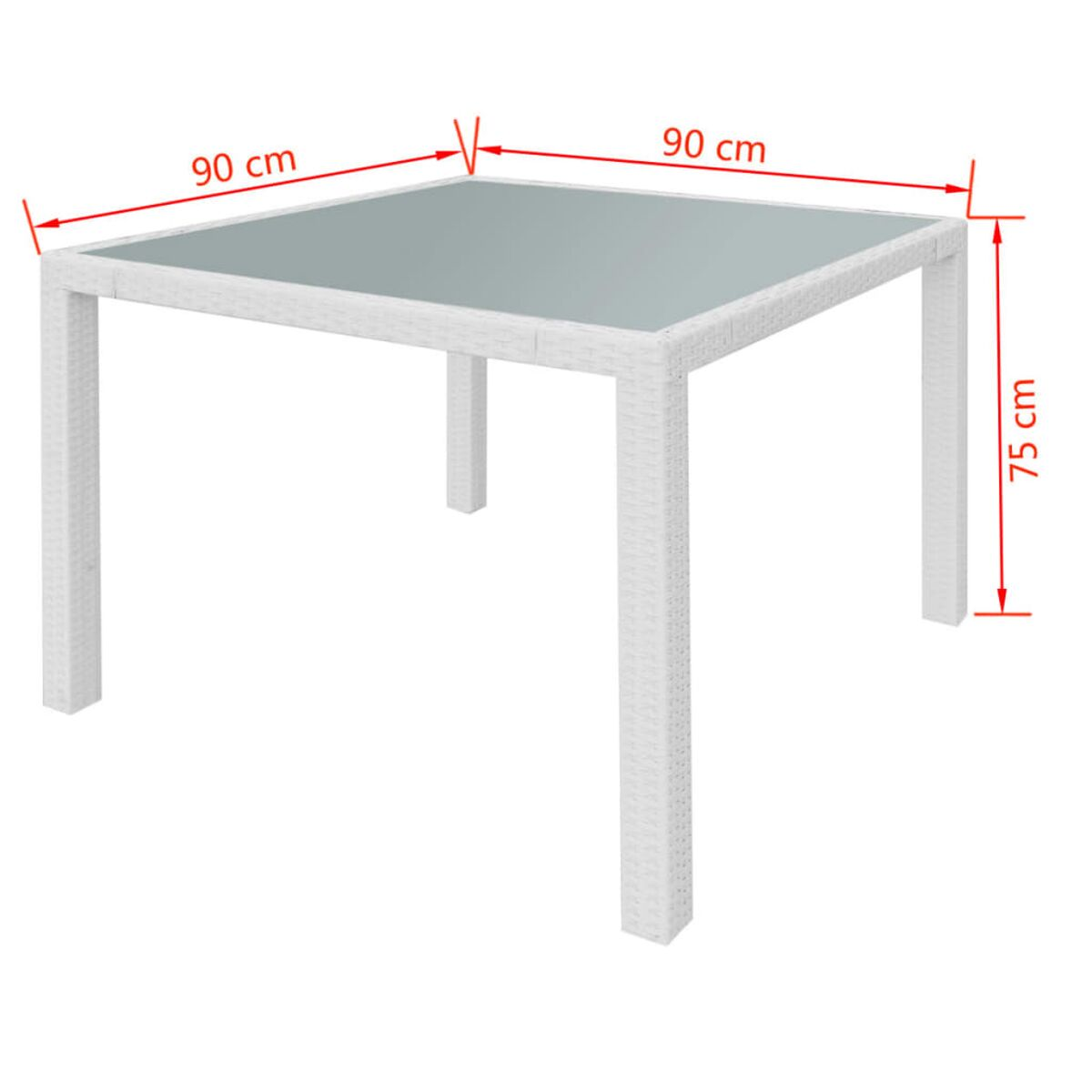 Quadratischer weißer Outdoor-Tisch mit Abmessungen in cm, vor weißem Hintergrund.