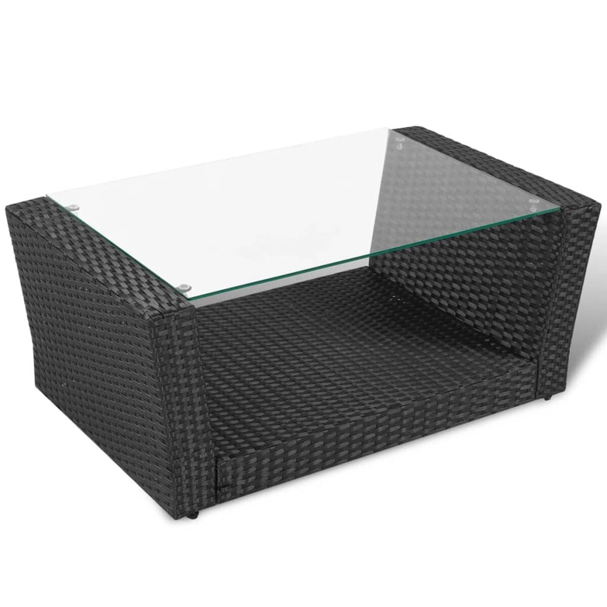 Schwarzer gewebter Couchtisch mit Glasplatte.