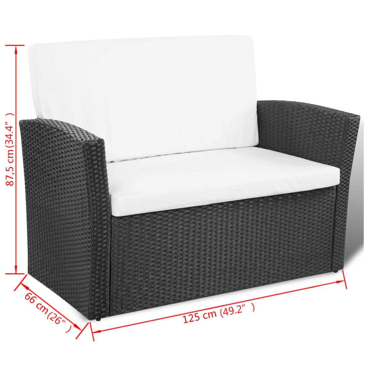 Ein dunkel gefärbtes Zwei-Sitzer-Outdoor-Sofa mit weißen Kissen. Abmessungen werden angezeigt.