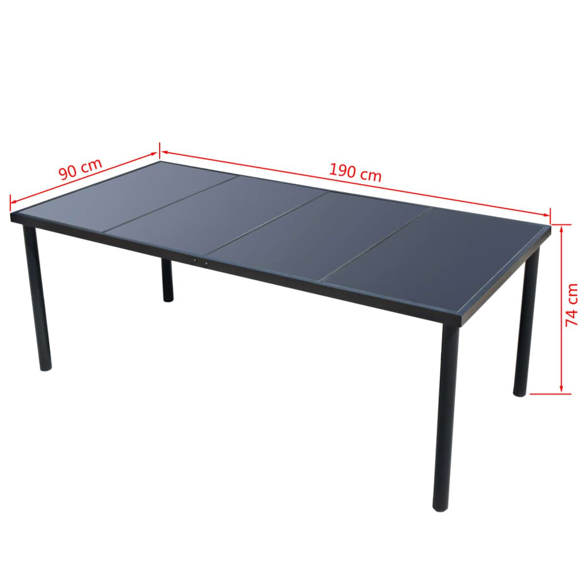 Un tavolo rettangolare con telaio nero e piano in vetro. Dimensioni: 190x90x74cm.