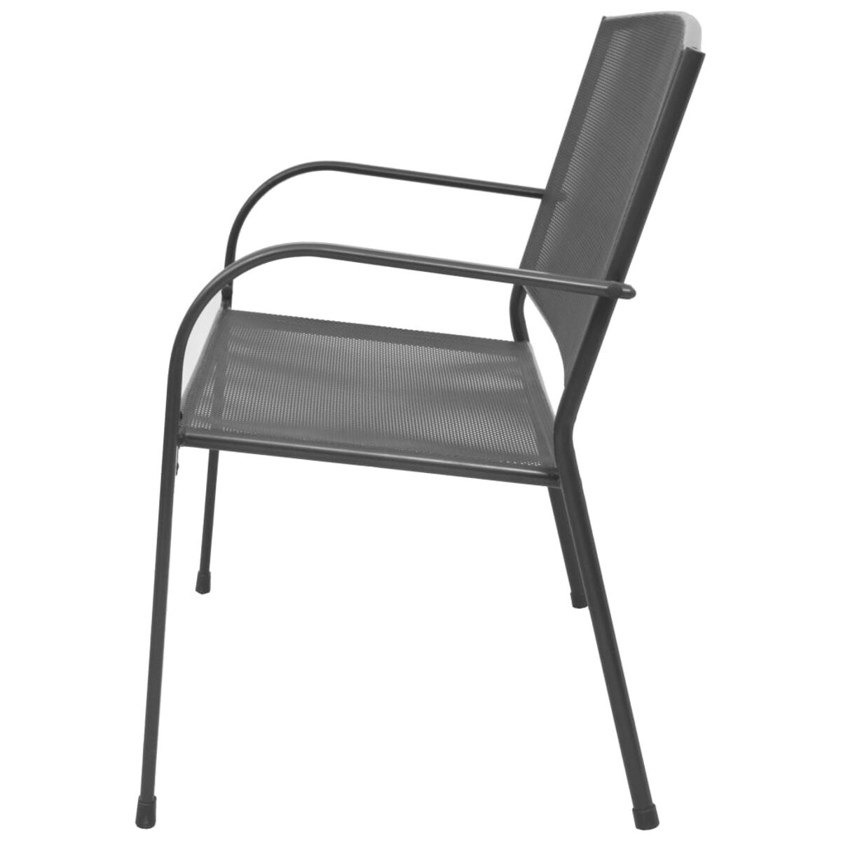 Ein dunkelgrauer Metallstuhl, Seitenansicht. Er hat eine Netzlehne und -sitz. Weißer Hintergrund.
