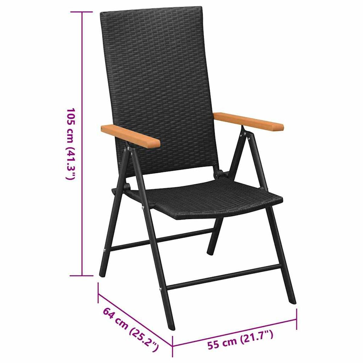 Ein schwarzer Rattan-Stuhl mit hohem Rücken und Holzarmlehnen. Die Maße sind in cm und Zoll angegeben.