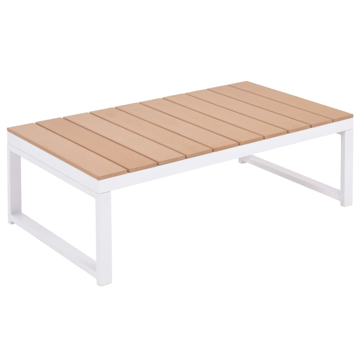 Rechteckiger Couchtisch mit Holzlatten und weißem Metallrahmen. Der Tisch steht auf weißem Grund.